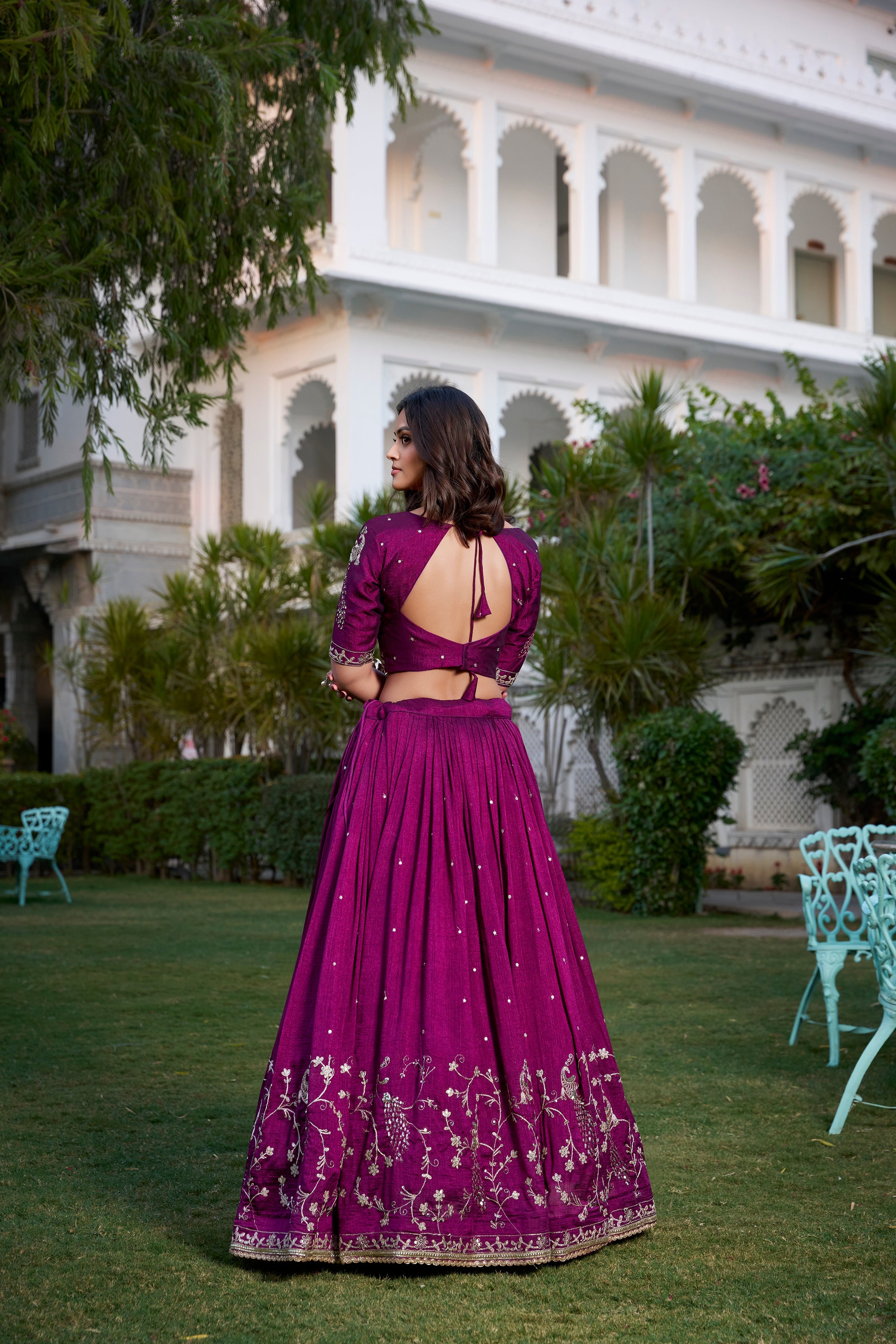 Lorenvalley Purple Vichitra Silk Sequins and Thread Embroidery Work With Lace Border Lehenga Choli