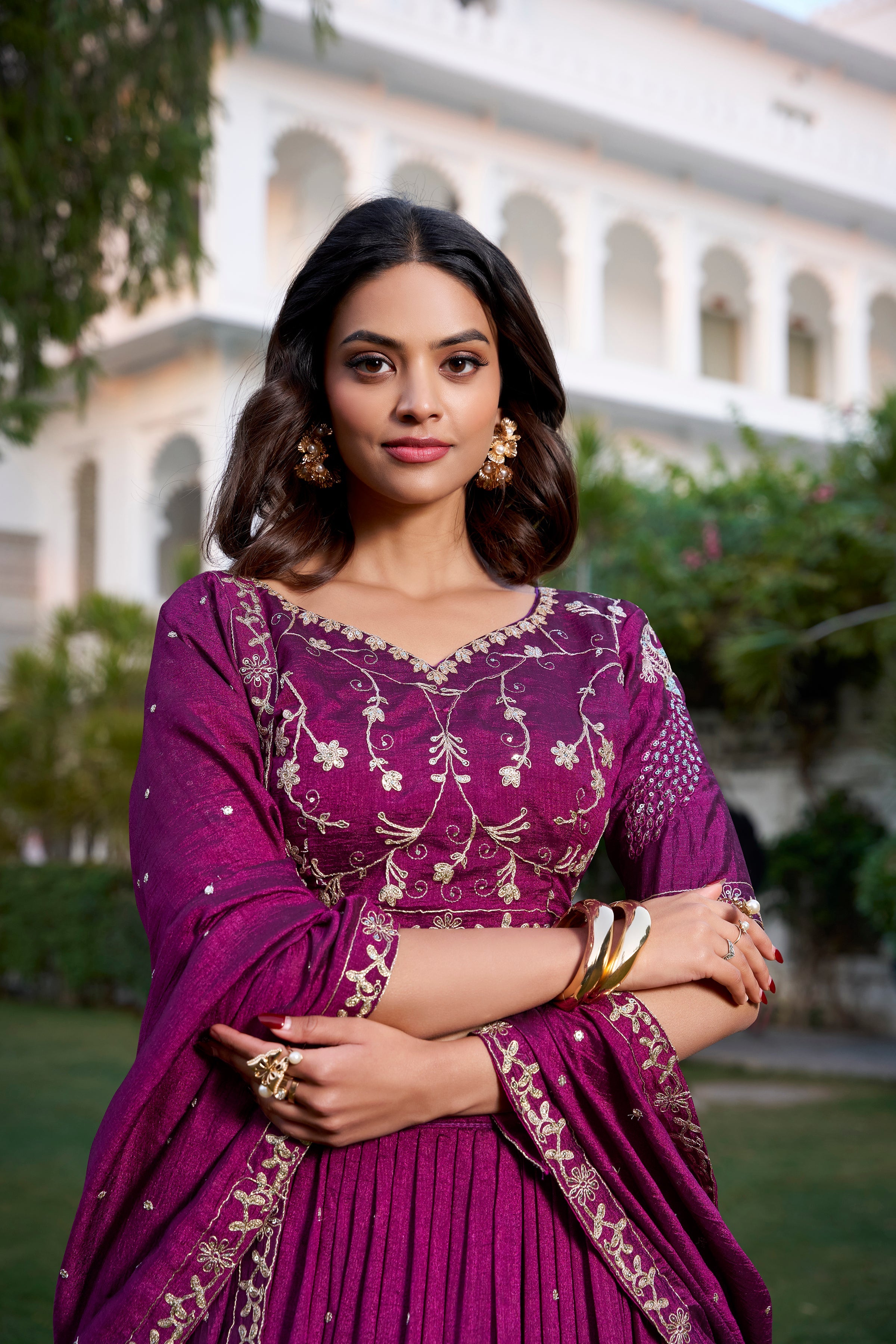Lorenvalley Purple Vichitra Silk Sequins and Thread Embroidery Work With Lace Border Lehenga Choli