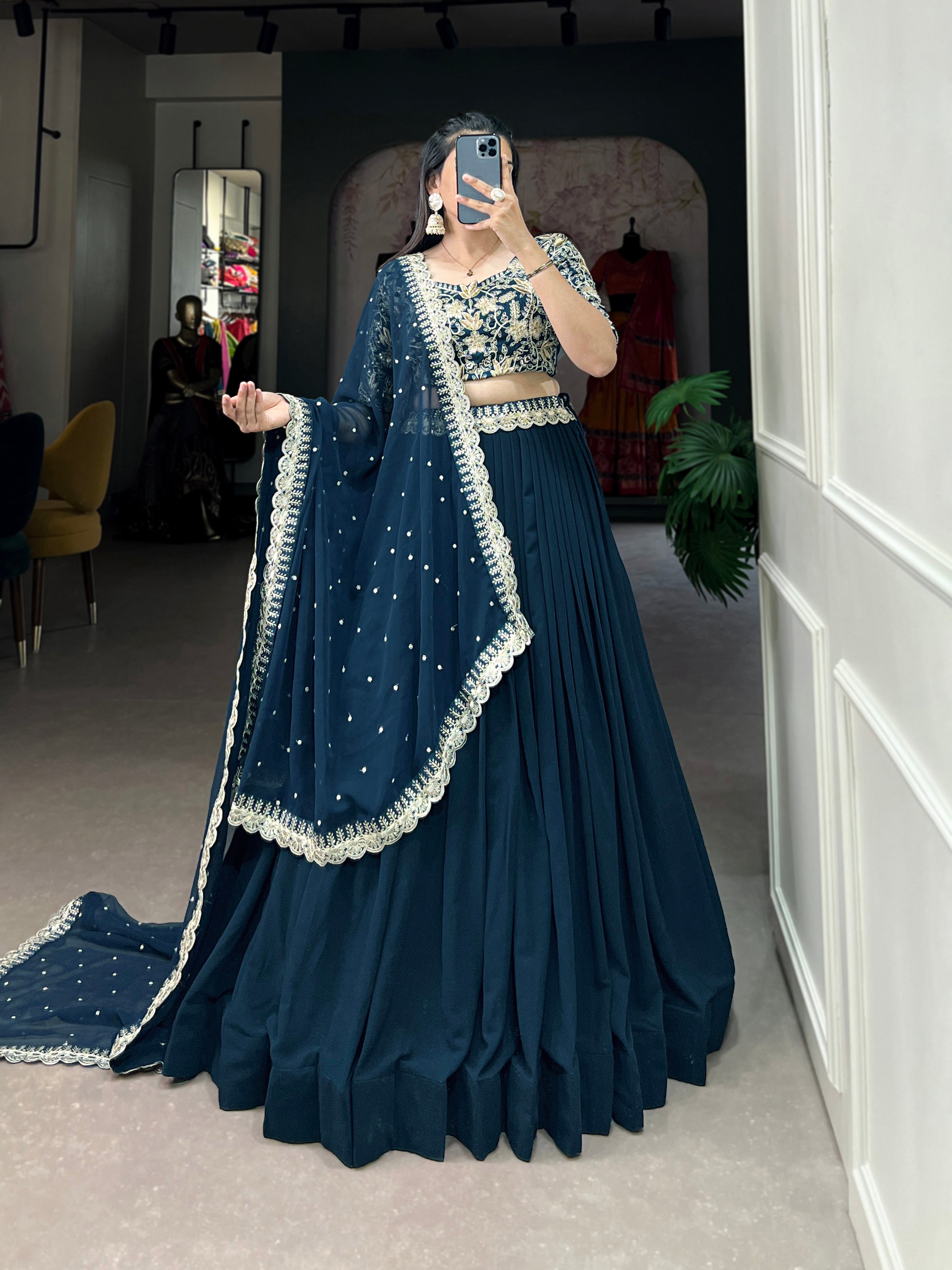 Lorenvalley Teal Georgette Plain with Sequins and Thread Embroidery Work Belt Lehenga Choli