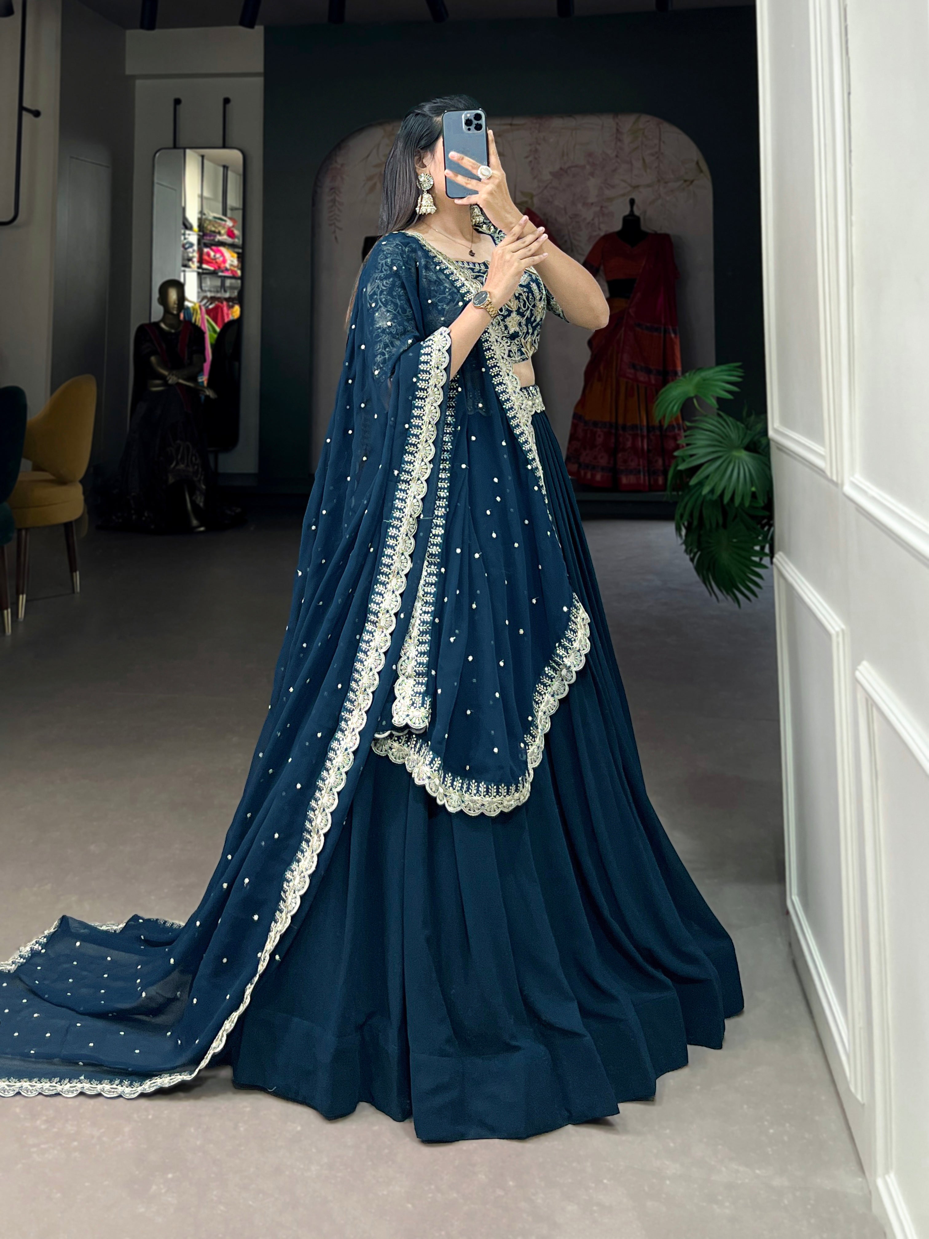 Lorenvalley Teal Georgette Plain with Sequins and Thread Embroidery Work Belt Lehenga Choli