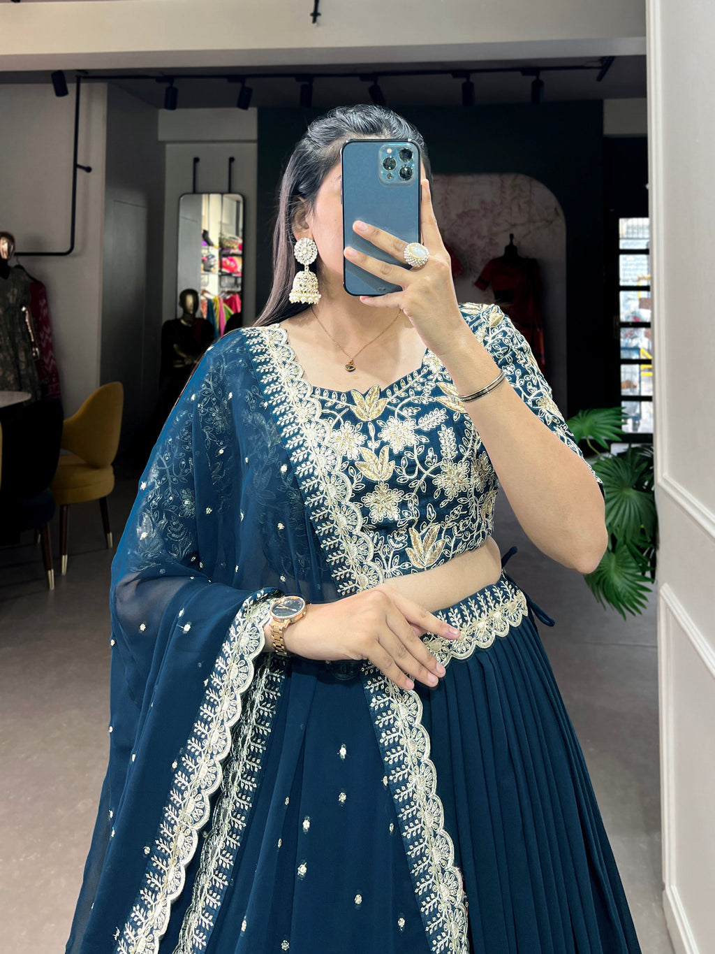 Lorenvalley Teal Georgette Plain with Sequins and Thread Embroidery Work Belt Lehenga Choli