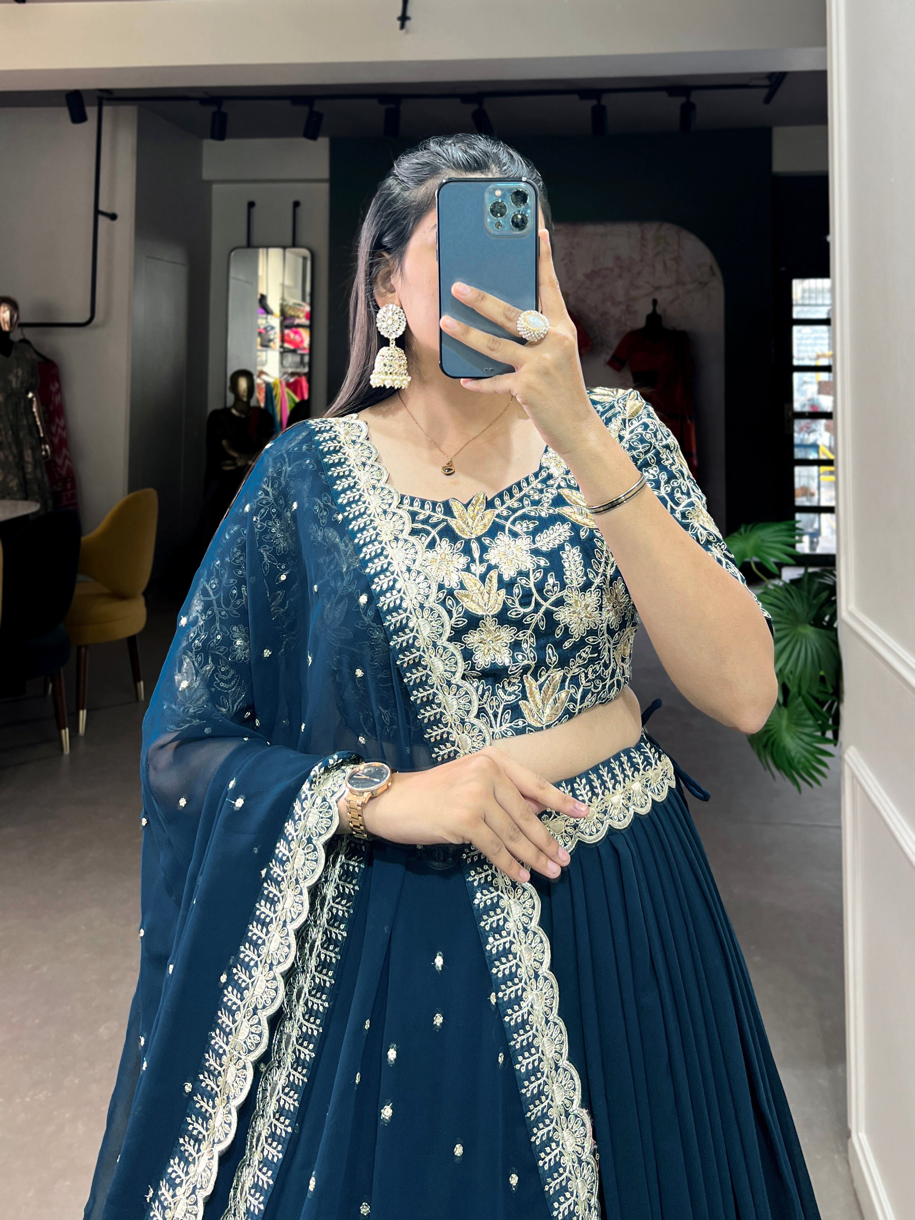 Lorenvalley Teal Georgette Plain with Sequins and Thread Embroidery Work Belt Lehenga Choli
