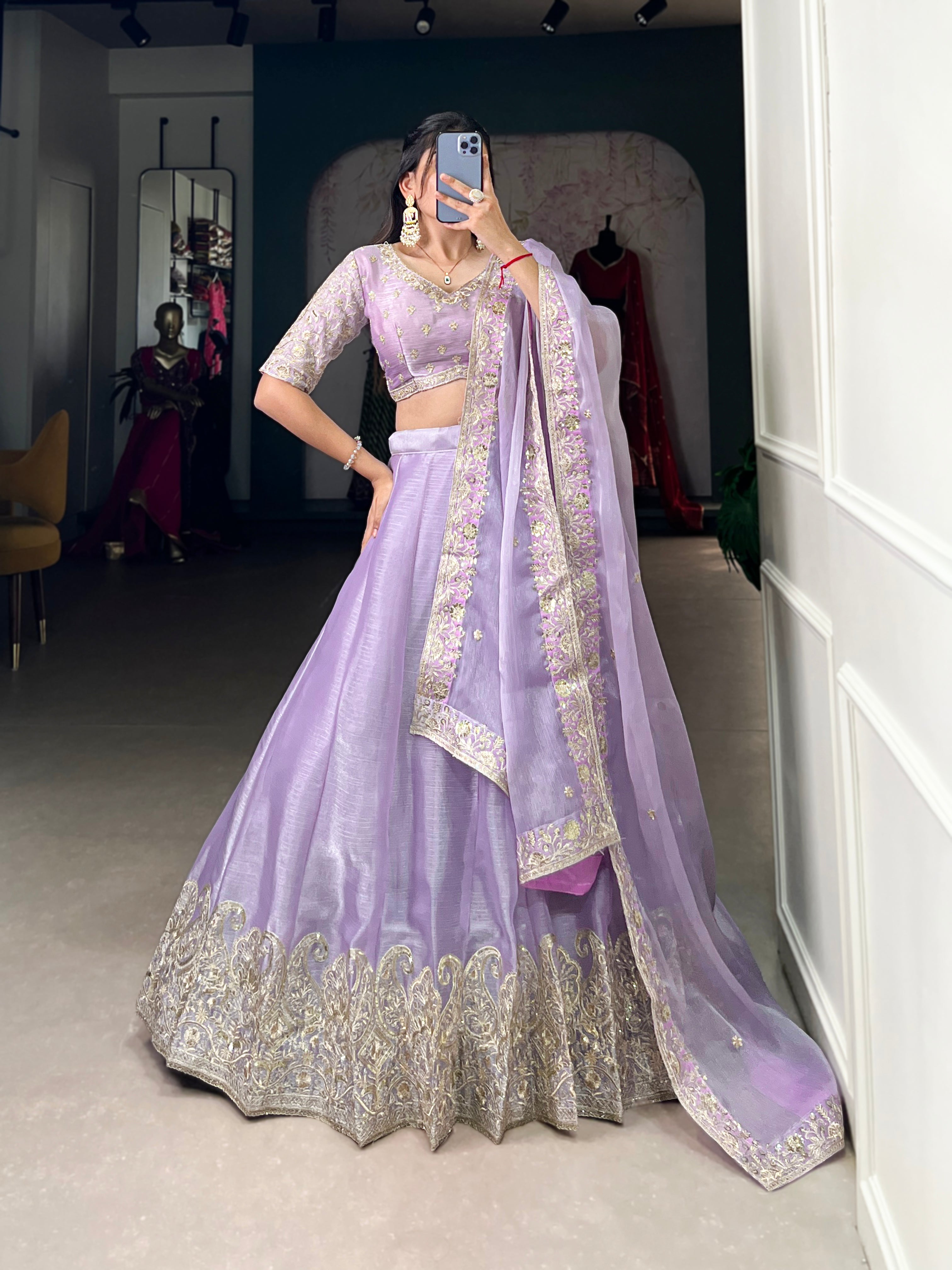 Lorenvalley Lavender Burberry Silk Sequins Embroidery Work Lace Border Lehenga Choli