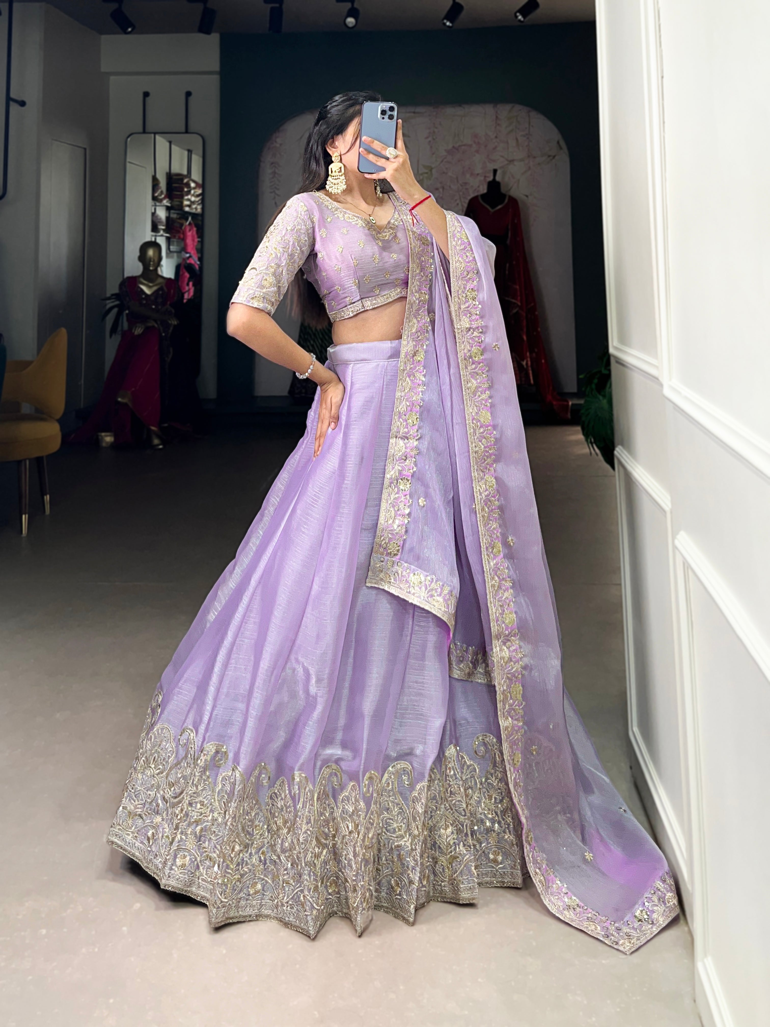 Lorenvalley Lavender Burberry Silk Sequins Embroidery Work Lace Border Lehenga Choli
