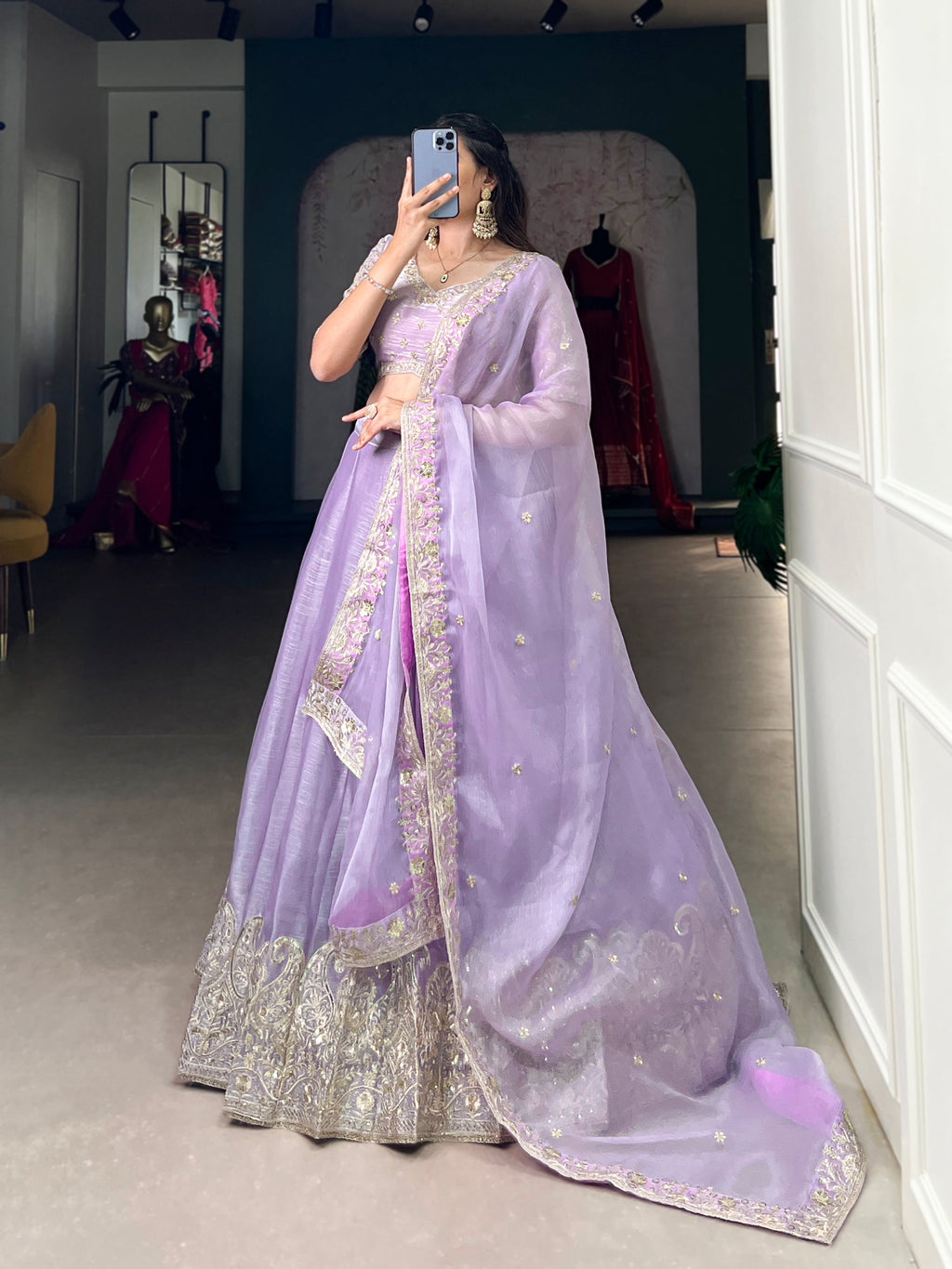 Lorenvalley Lavender Burberry Silk Sequins Embroidery Work Lace Border Lehenga Choli
