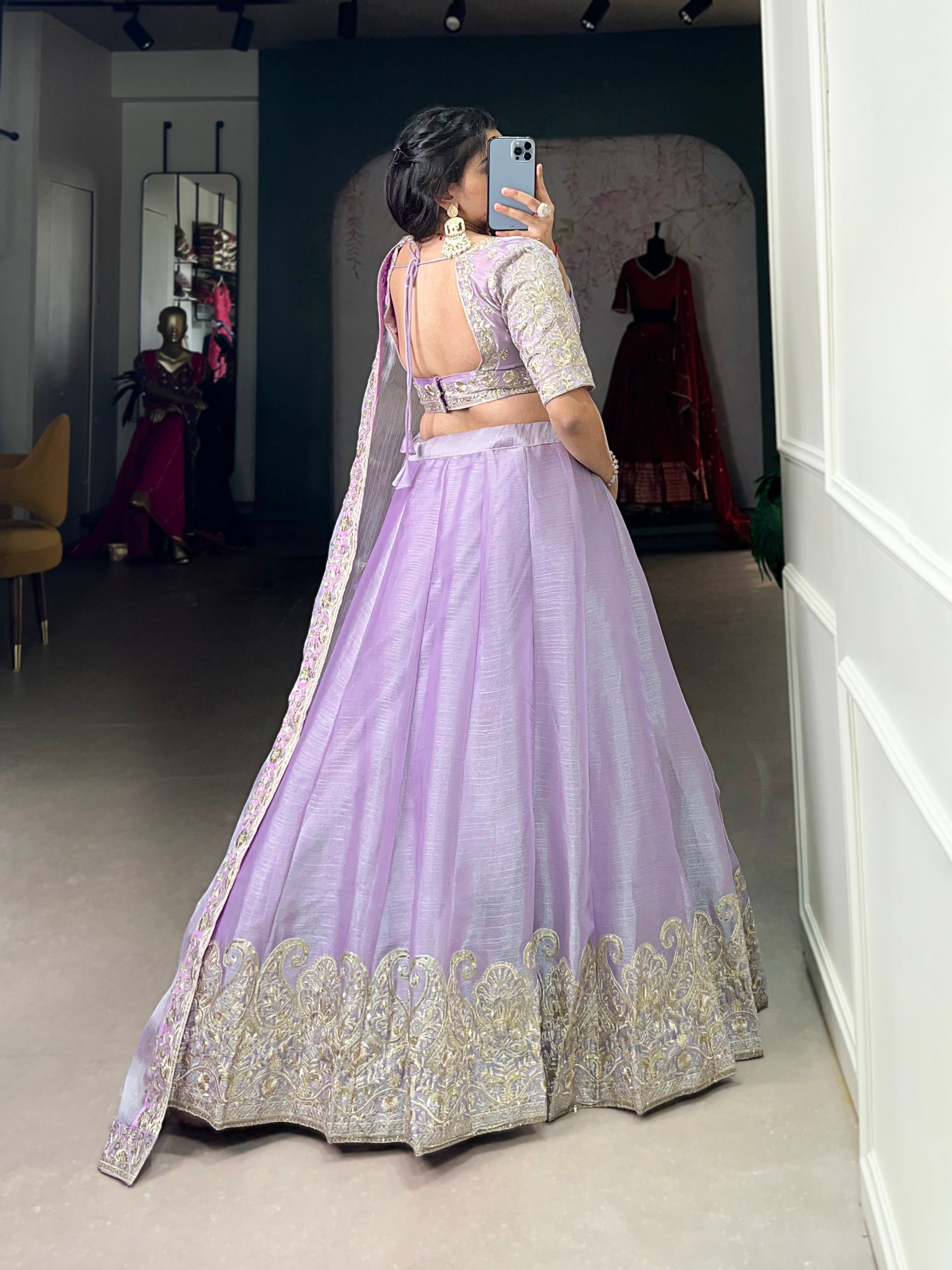 Lorenvalley Lavender Burberry Silk Sequins Embroidery Work Lace Border Lehenga Choli