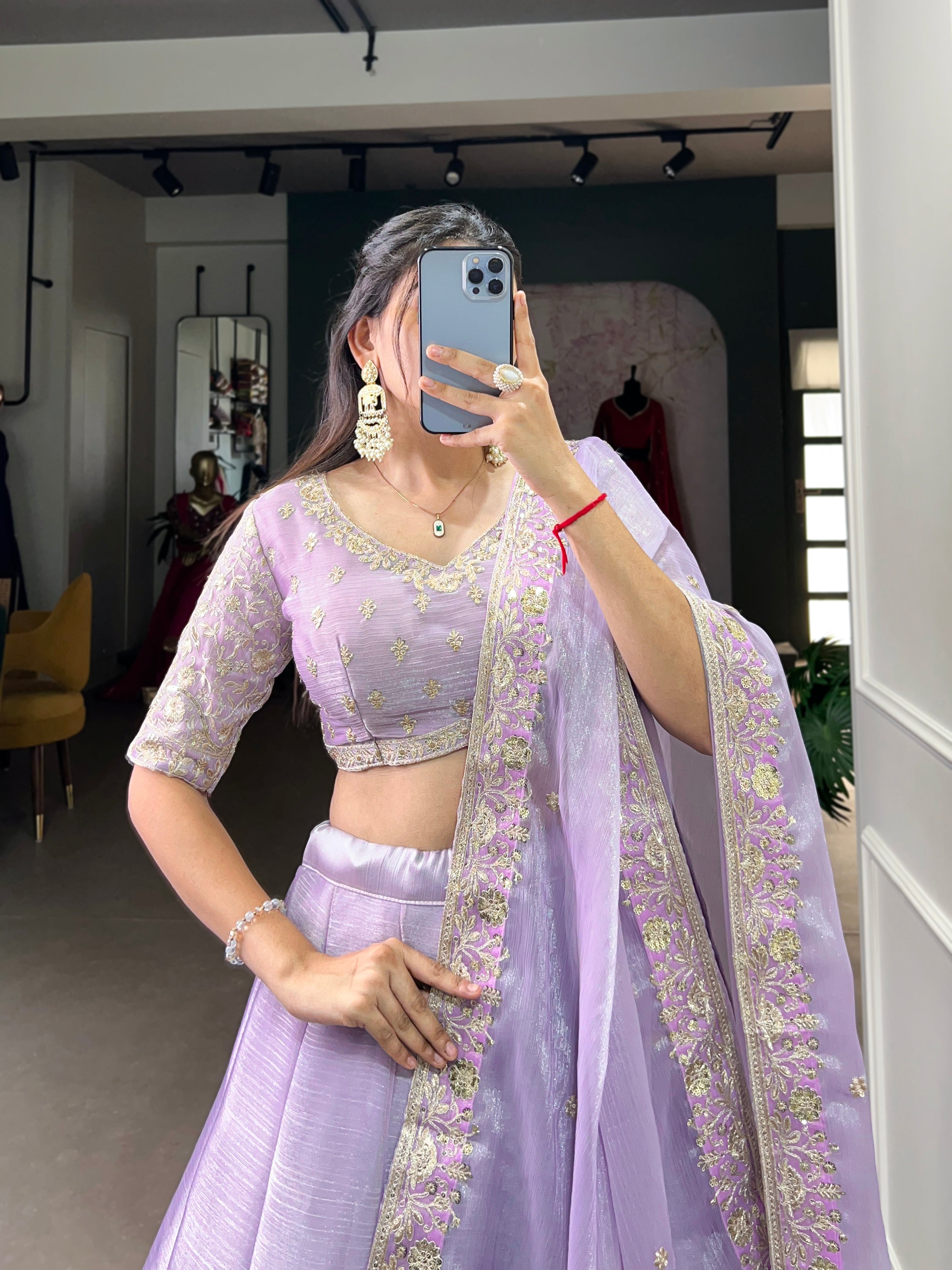 Lorenvalley Lavender Burberry Silk Sequins Embroidery Work Lace Border Lehenga Choli