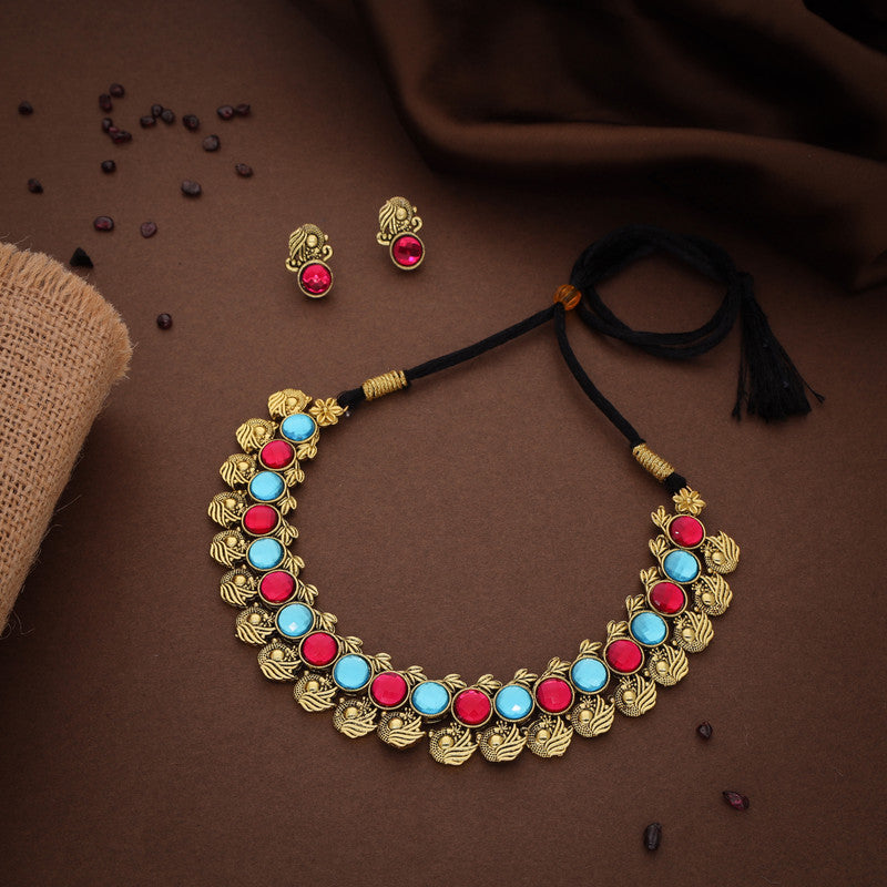 Tehzeeb Creations Sky Blue & Pink Colour Gold-Polished Stone Jewellery Choker Necklace Set With Matching Pair of Stud Earrings