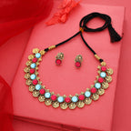 Tehzeeb Creations Sky Blue & Pink Colour Gold-Polished Stone Jewellery Choker Necklace Set With Matching Pair of Stud Earrings
