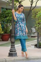 Vaasva Women Cyan Embroidered Printed Kurta Set With Laced Solid Pants