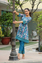 Vaasva Women Cyan Embroidered Printed Kurta Set With Laced Solid Pants