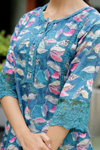 Vaasva Women Cyan Embroidered Printed Kurta Set With Laced Solid Pants