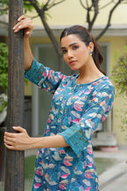 Vaasva Women Cyan Embroidered Printed Kurta Set With Laced Solid Pants
