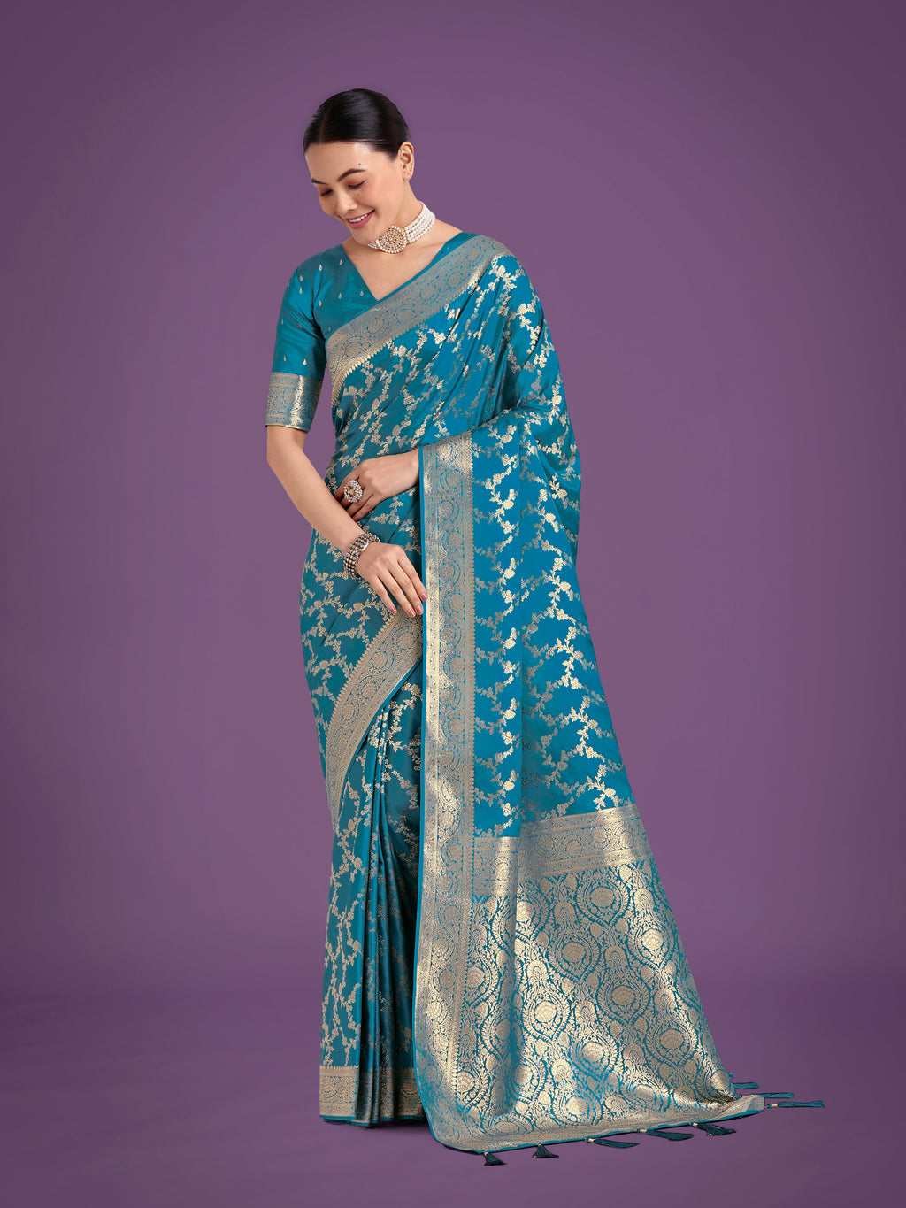 Monjolika Fashion Stunning Cyan blue Banarasi Satin Silk Golden Meenakari Work Saree