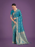 Monjolika Fashion Stunning Cyan blue Banarasi Satin Silk Golden Meenakari Work Saree