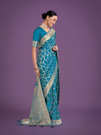 Monjolika Fashion Stunning Cyan blue Banarasi Satin Silk Golden Meenakari Work Saree