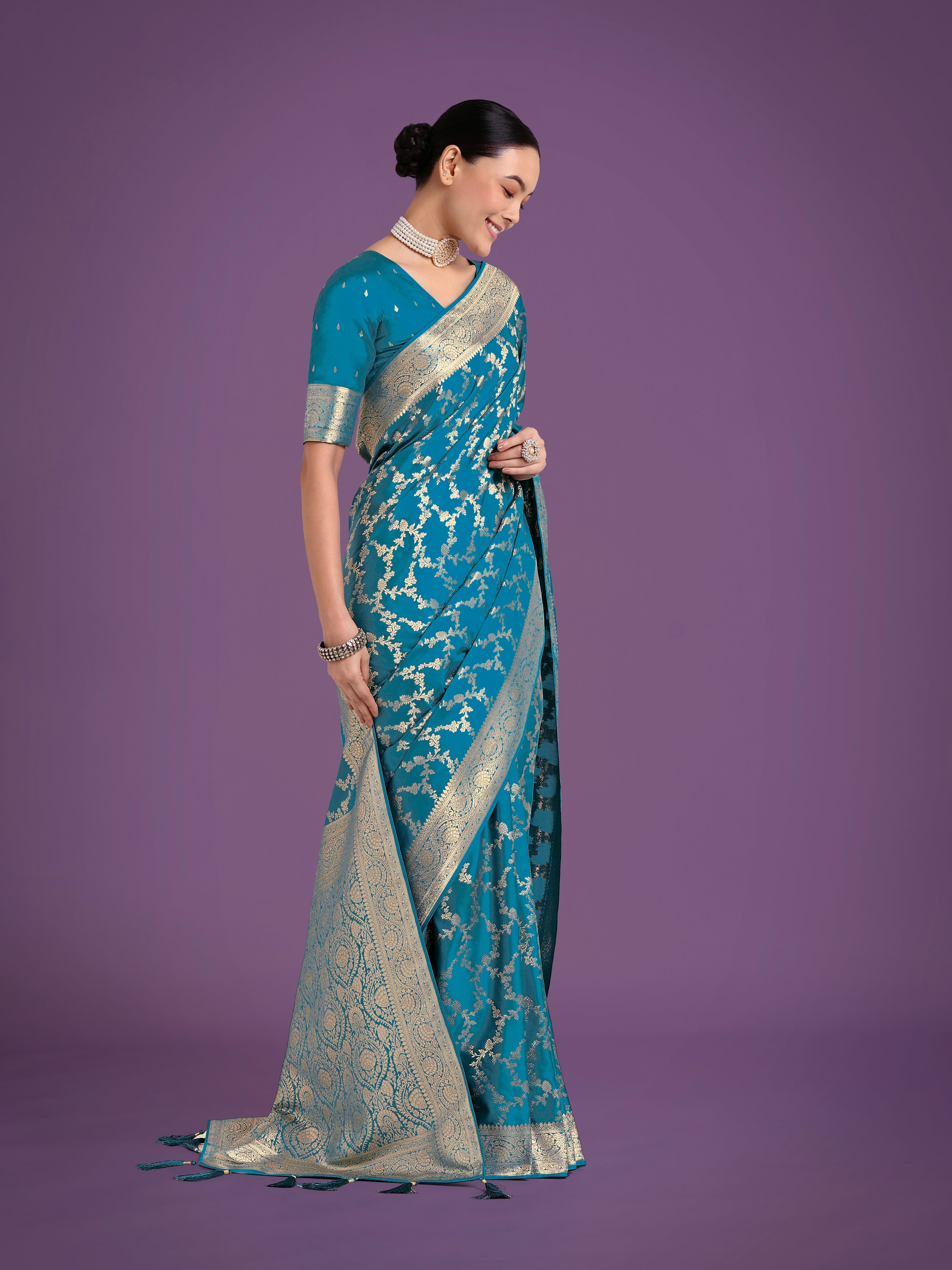 Monjolika Fashion Stunning Cyan blue Banarasi Satin Silk Golden Meenakari Work Saree