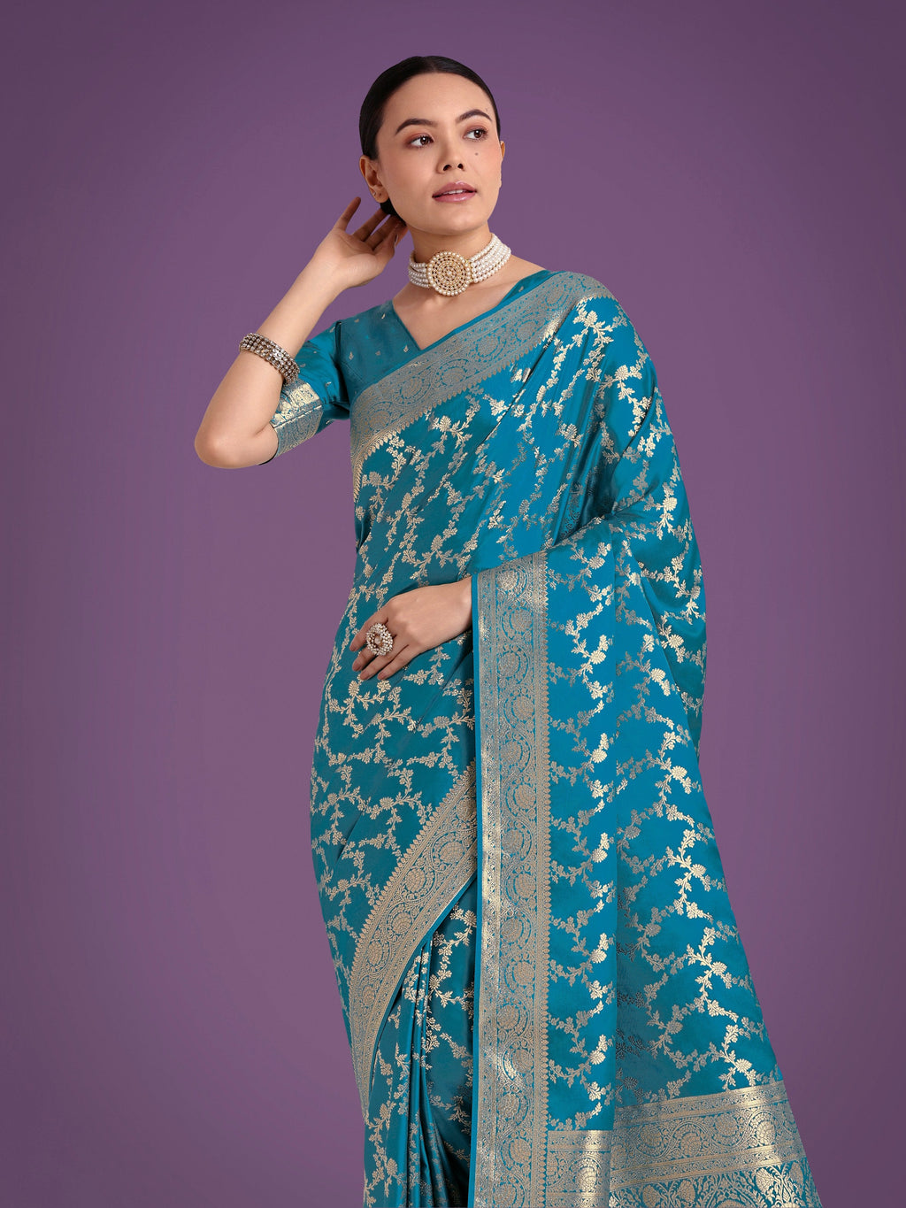 Monjolika Fashion Stunning Cyan blue Banarasi Satin Silk Golden Meenakari Work Saree