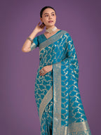 Monjolika Fashion Stunning Cyan blue Banarasi Satin Silk Golden Meenakari Work Saree