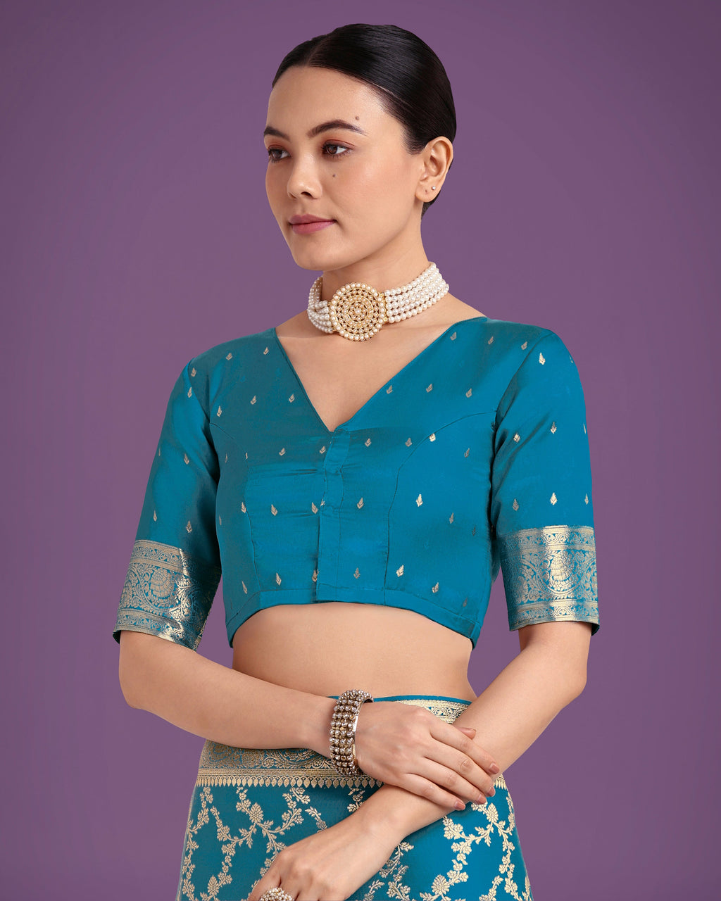 Monjolika Fashion Stunning Cyan blue Banarasi Satin Silk Golden Meenakari Work Saree