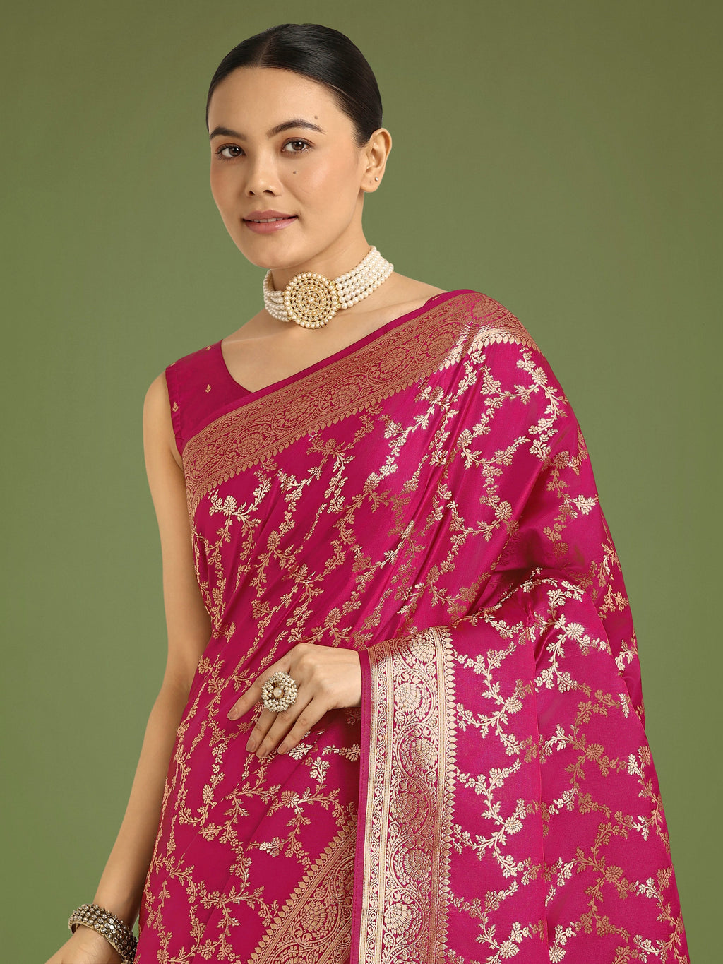 Monjolika Fashion Stunning Rani Pink Banarasi Satin Silk Golden Meenakari Work Saree