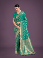 Monjolika Fashion Stunning Turquoise Banarasi Satin Silk Golden Meenakari Work Saree - Distacart