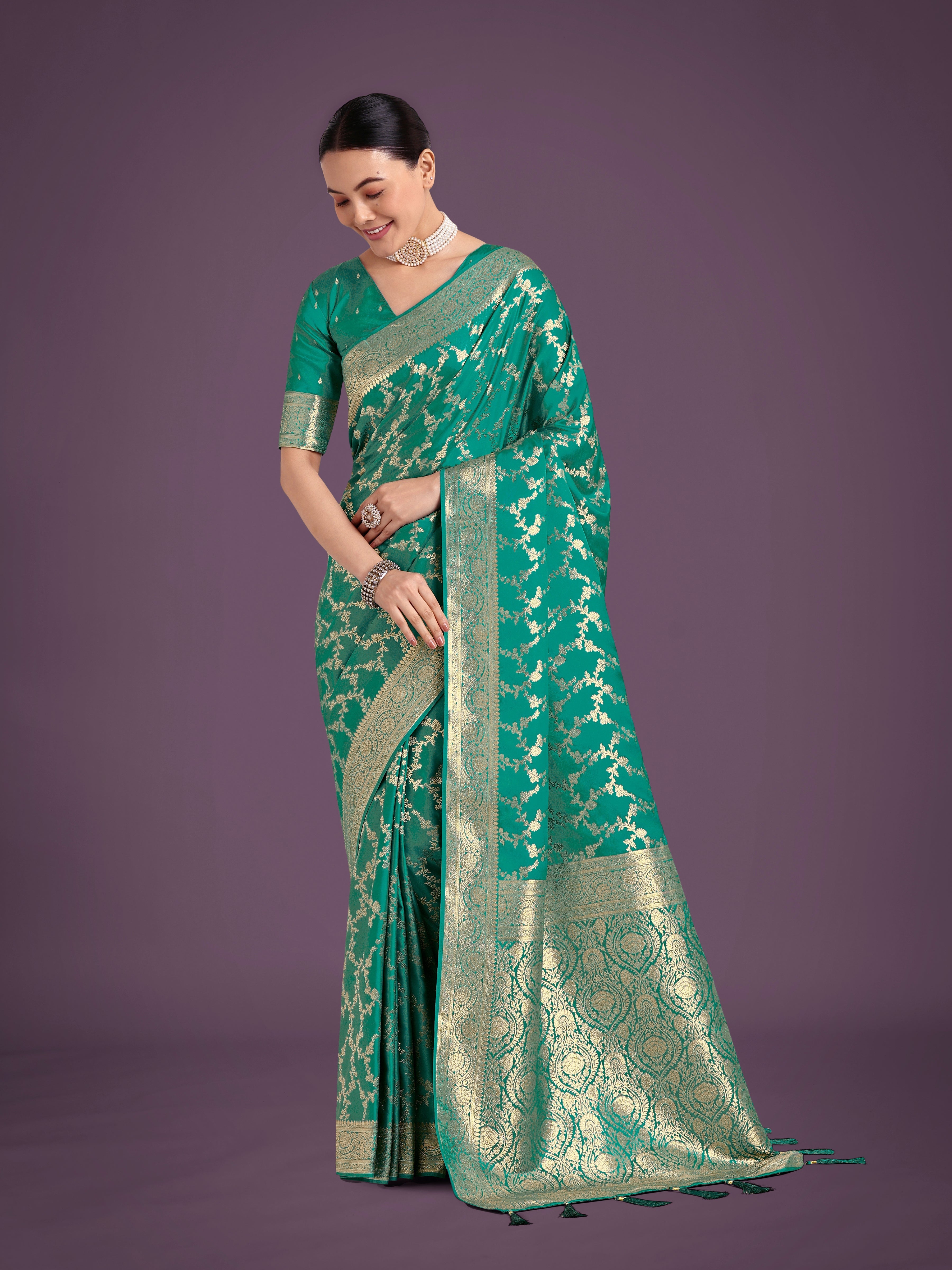 Monjolika Fashion Stunning Turquoise Banarasi Satin Silk Golden Meenakari Work Saree - Distacart