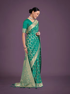 Monjolika Fashion Stunning Turquoise Banarasi Satin Silk Golden Meenakari Work Saree - Distacart