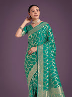 Monjolika Fashion Stunning Turquoise Banarasi Satin Silk Golden Meenakari Work Saree - Distacart
