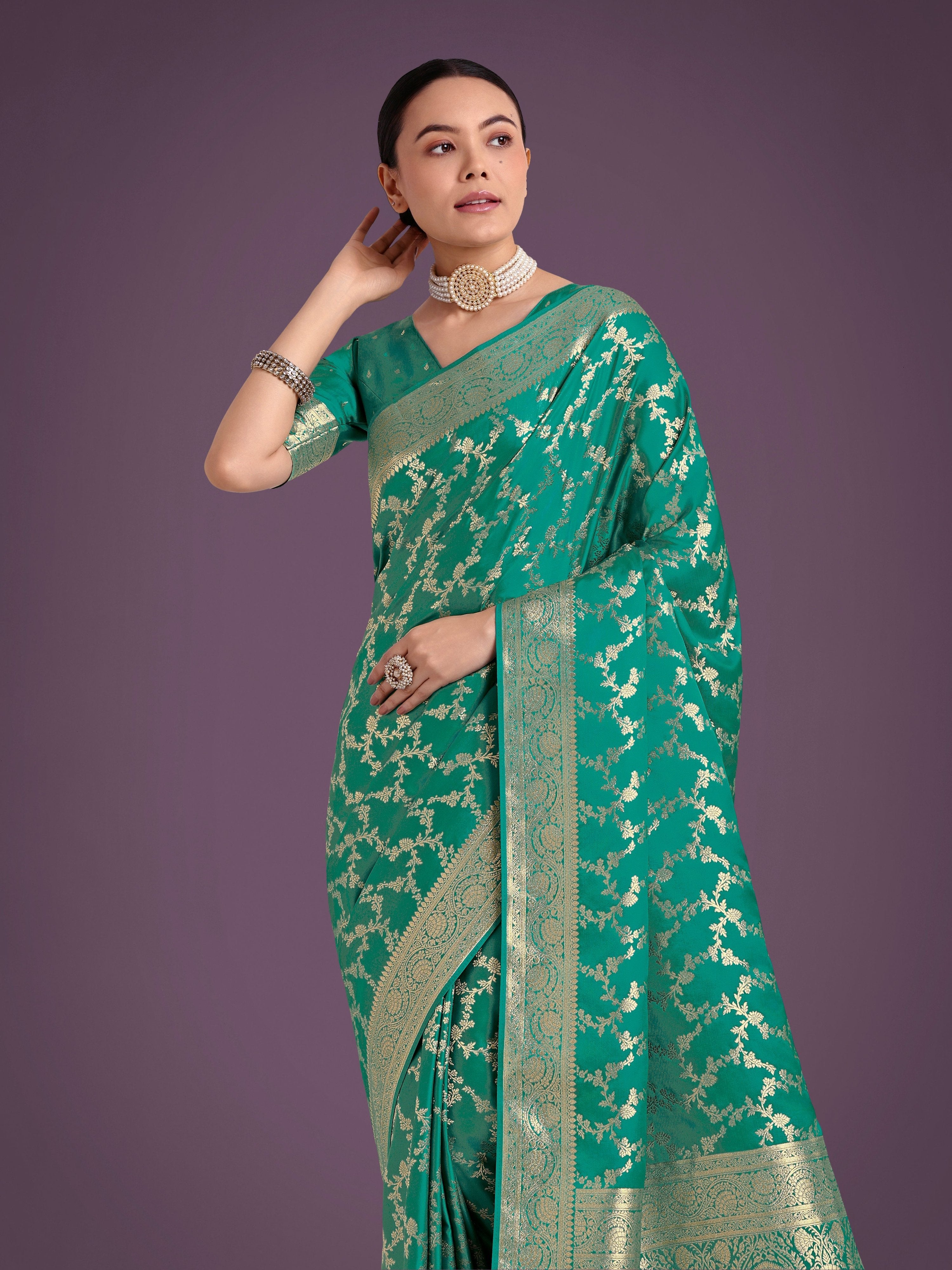 Monjolika Fashion Stunning Turquoise Banarasi Satin Silk Golden Meenakari Work Saree - Distacart