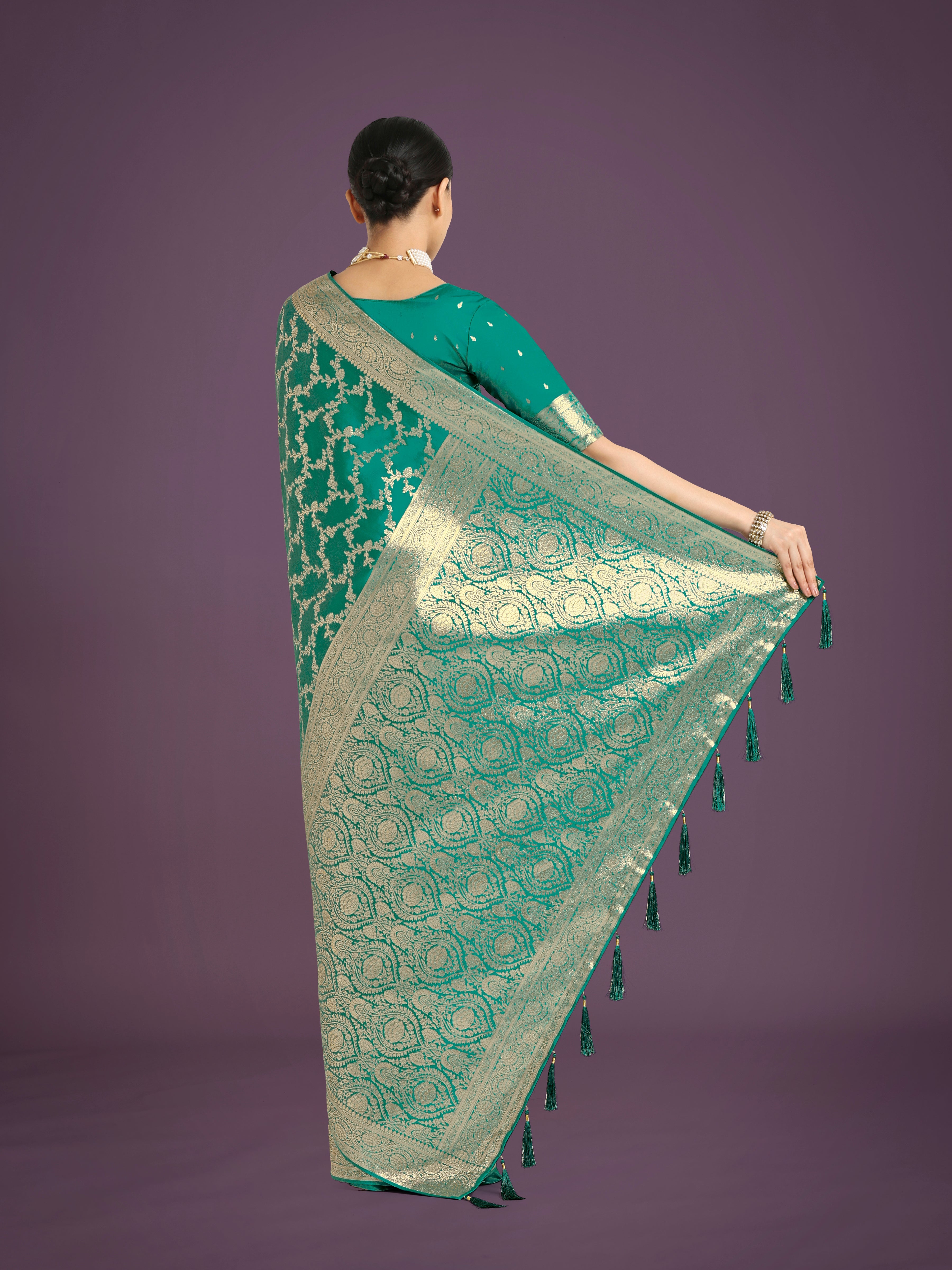 Monjolika Fashion Stunning Turquoise Banarasi Satin Silk Golden Meenakari Work Saree - Distacart