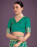 Monjolika Fashion Stunning Turquoise Banarasi Satin Silk Golden Meenakari Work Saree - Distacart