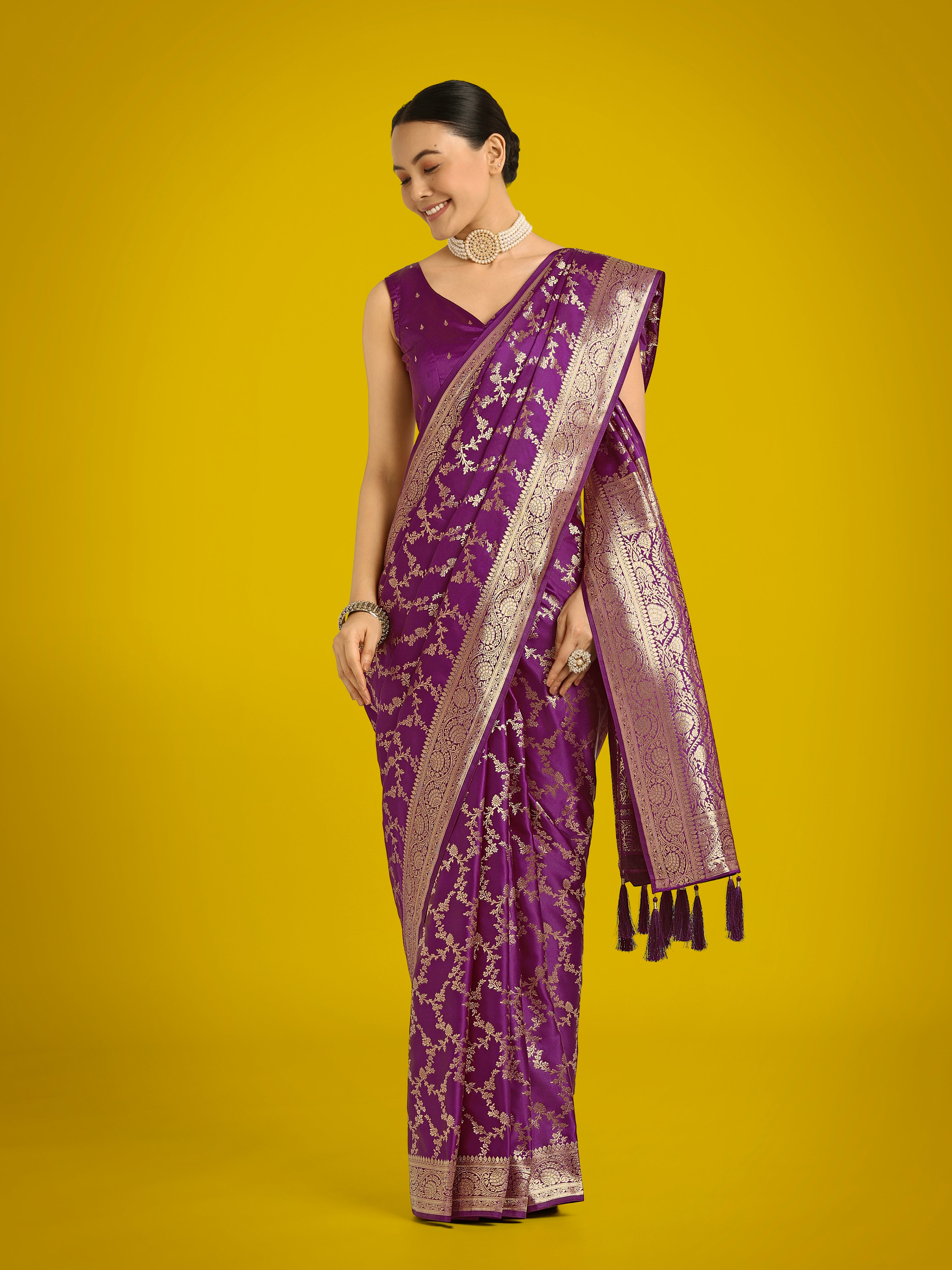 Monjolika Fashion Stunning Purple Banarasi Satin Silk Golden Meenakari Work Saree - Distacart