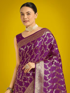 Monjolika Fashion Stunning Purple Banarasi Satin Silk Golden Meenakari Work Saree - Distacart