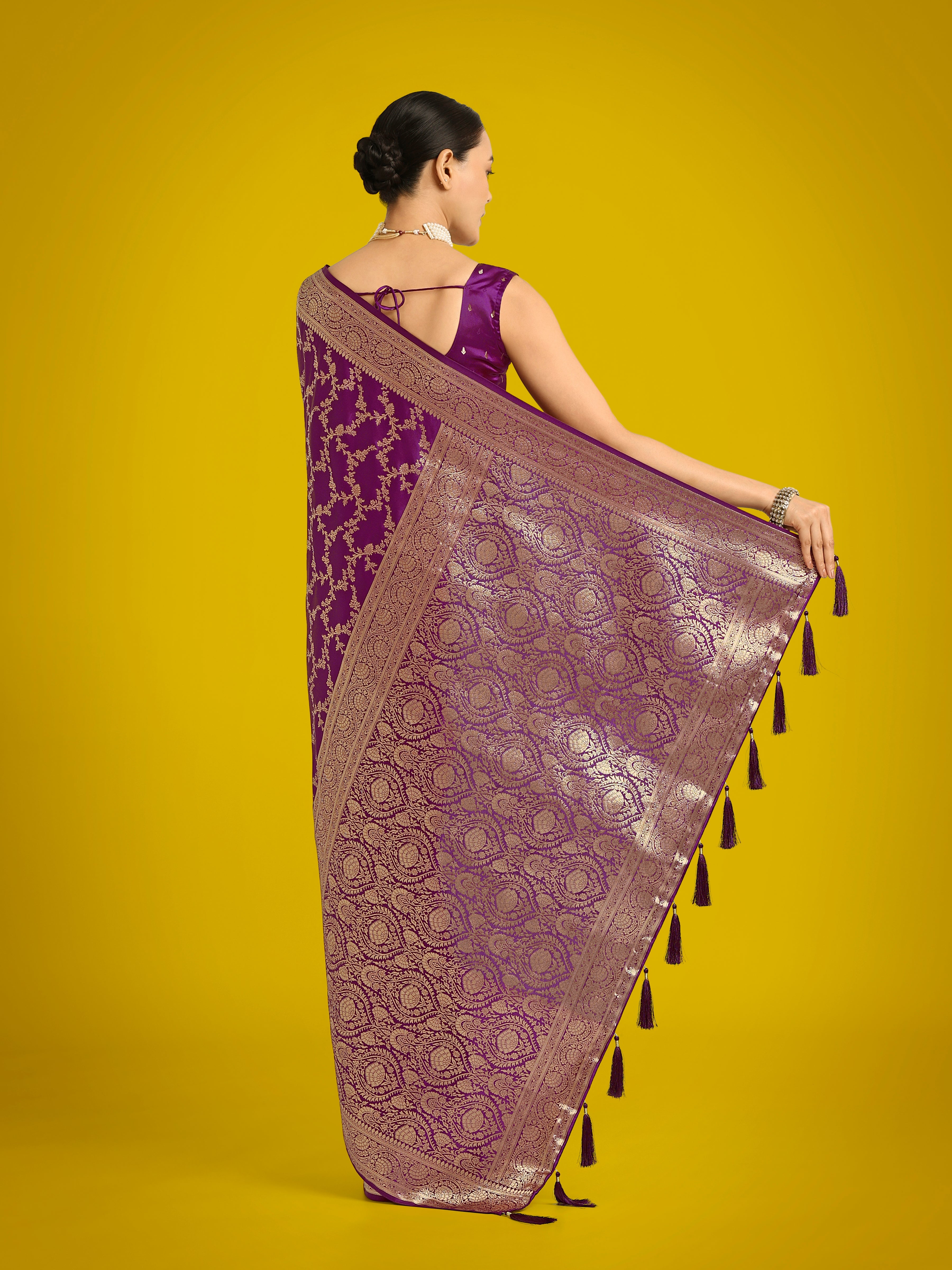 Monjolika Fashion Stunning Purple Banarasi Satin Silk Golden Meenakari Work Saree - Distacart