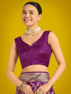 Monjolika Fashion Stunning Purple Banarasi Satin Silk Golden Meenakari Work Saree - Distacart