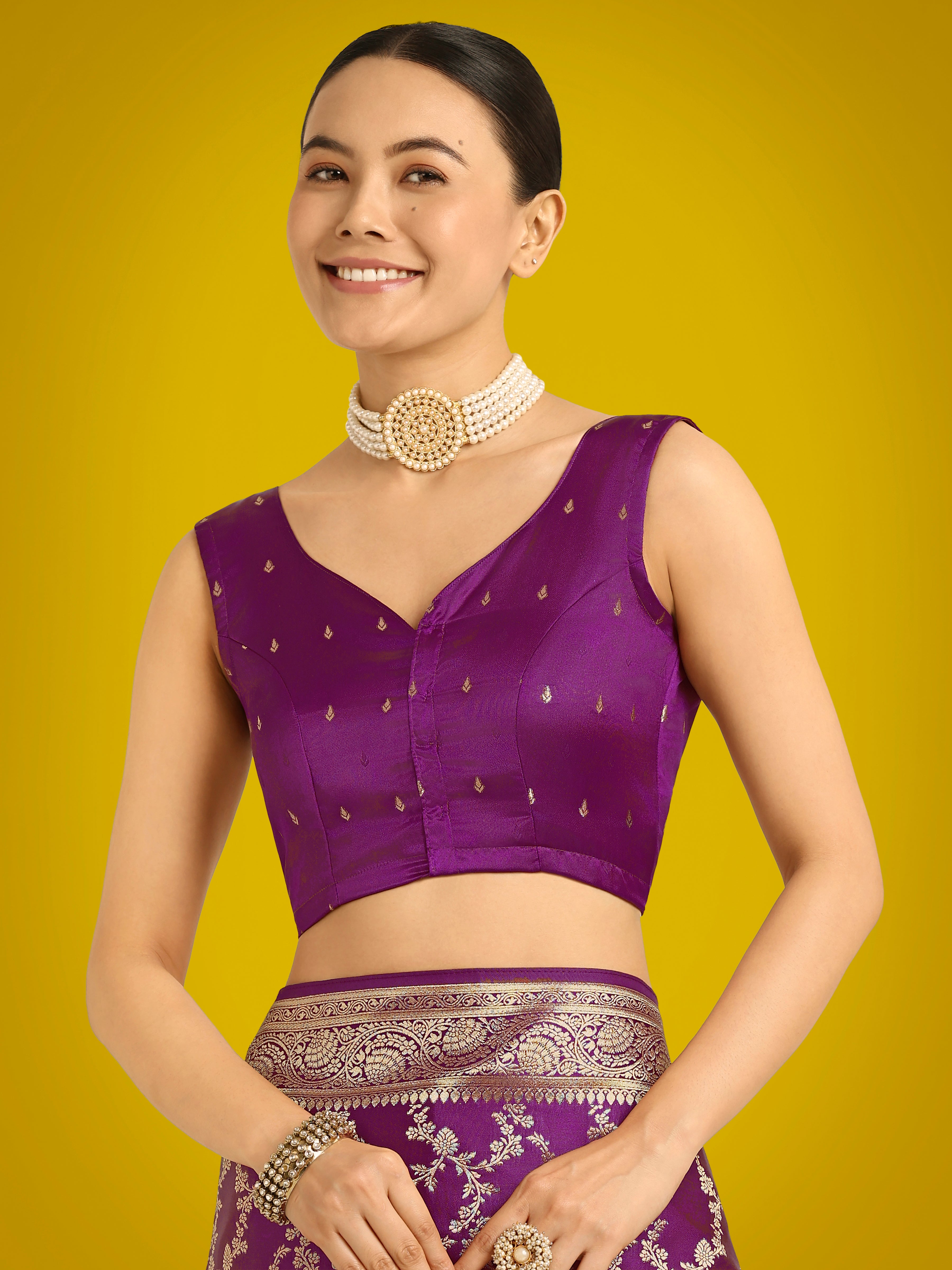 Monjolika Fashion Stunning Purple Banarasi Satin Silk Golden Meenakari Work Saree - Distacart