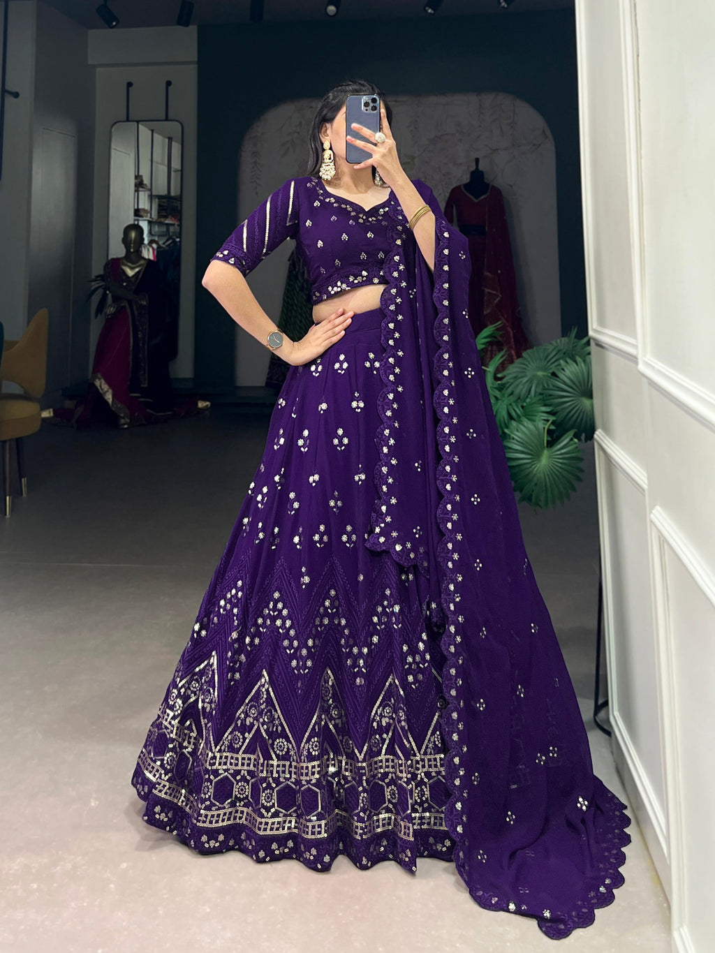 Lorenvalley Purple Georgette Sequins and Thread Embroidery Work Lehenga Choli