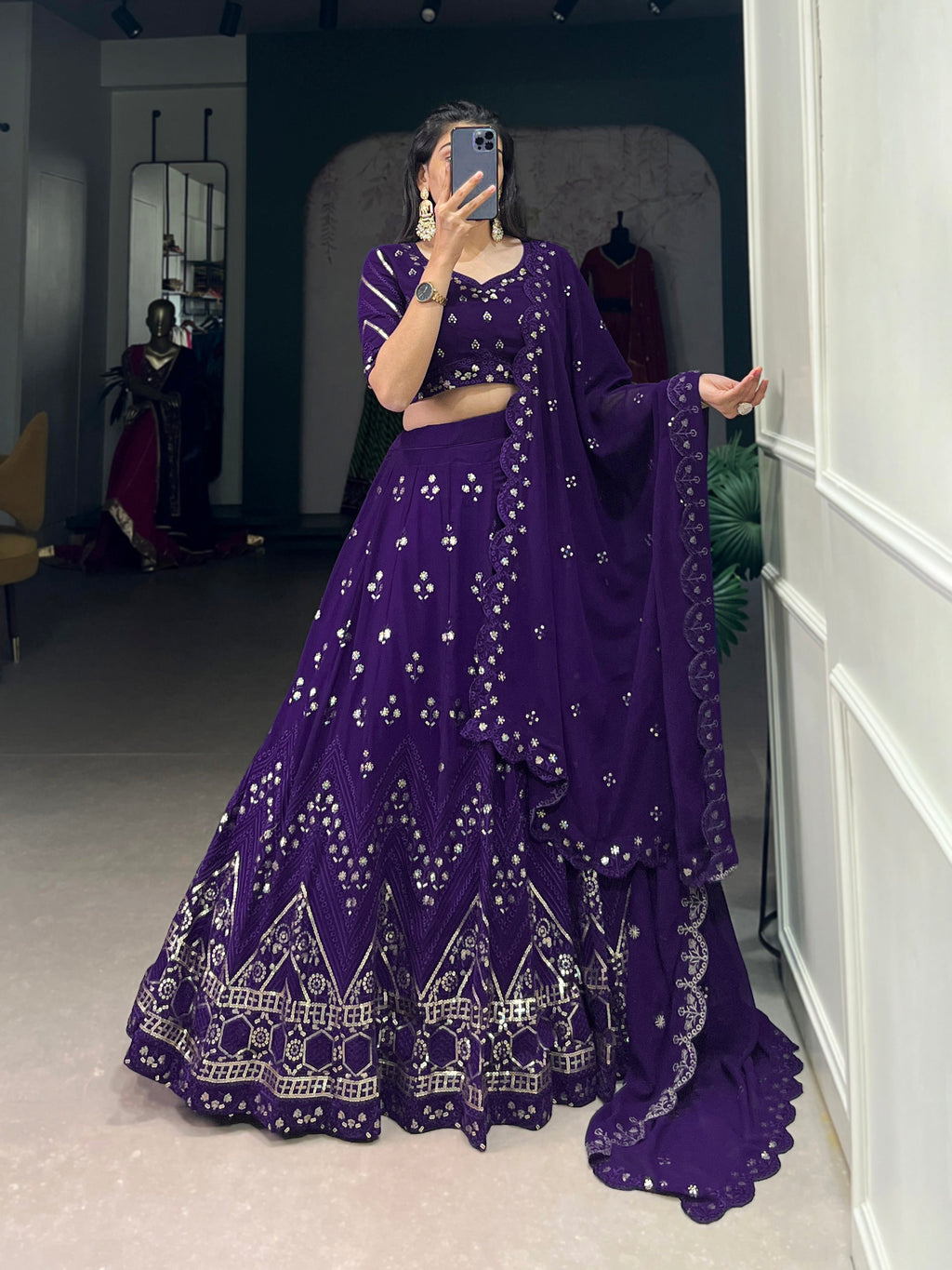 Lorenvalley Purple Georgette Sequins and Thread Embroidery Work Lehenga Choli
