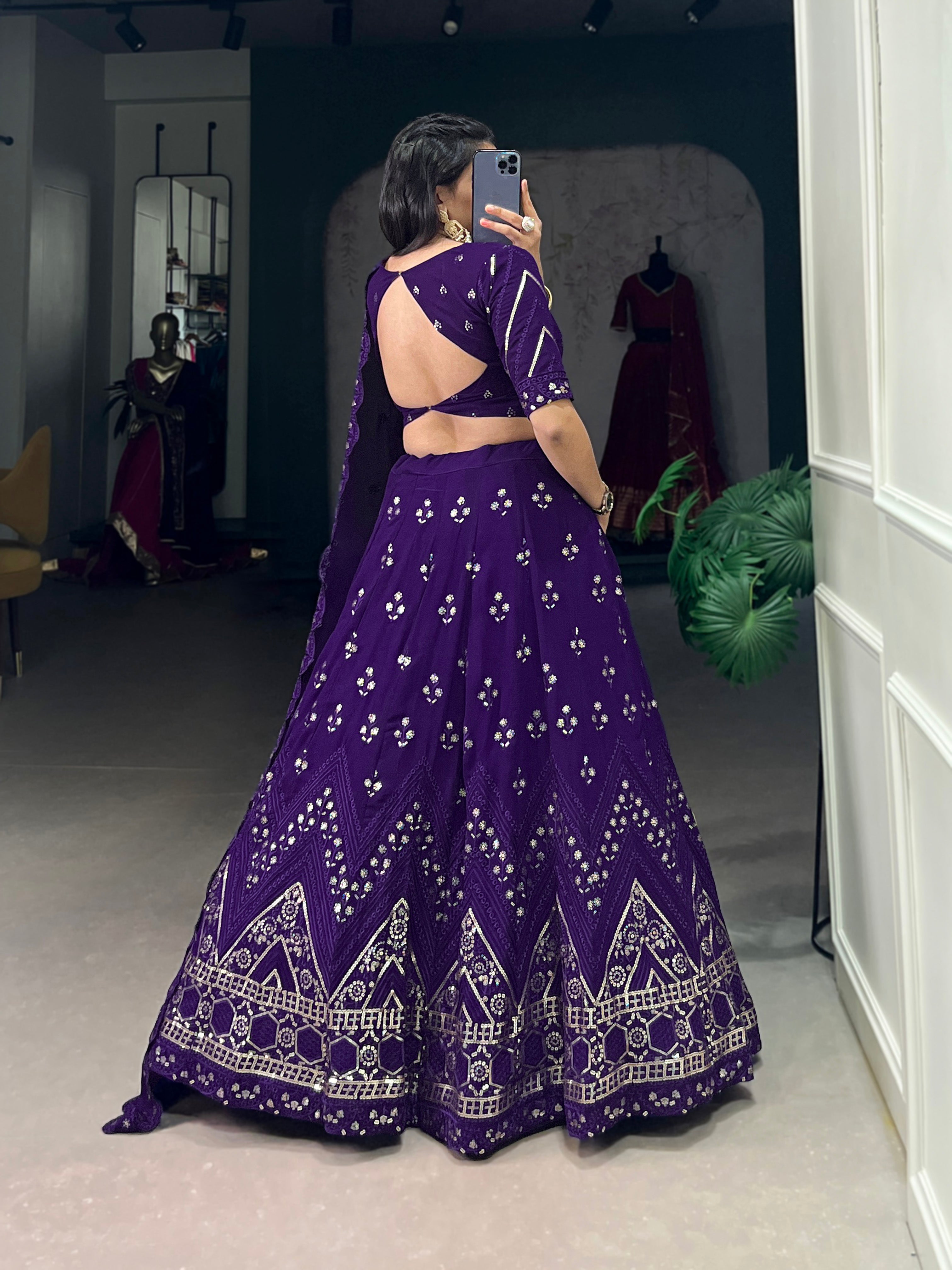 Lorenvalley Purple Georgette Sequins and Thread Embroidery Work Lehenga Choli