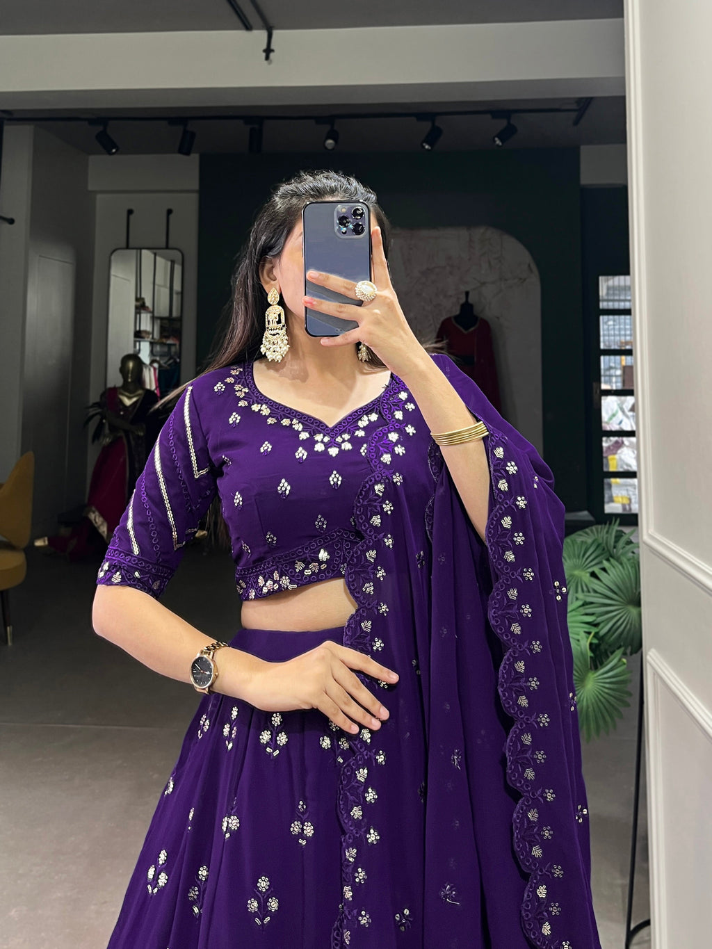 Lorenvalley Purple Georgette Sequins and Thread Embroidery Work Lehenga Choli