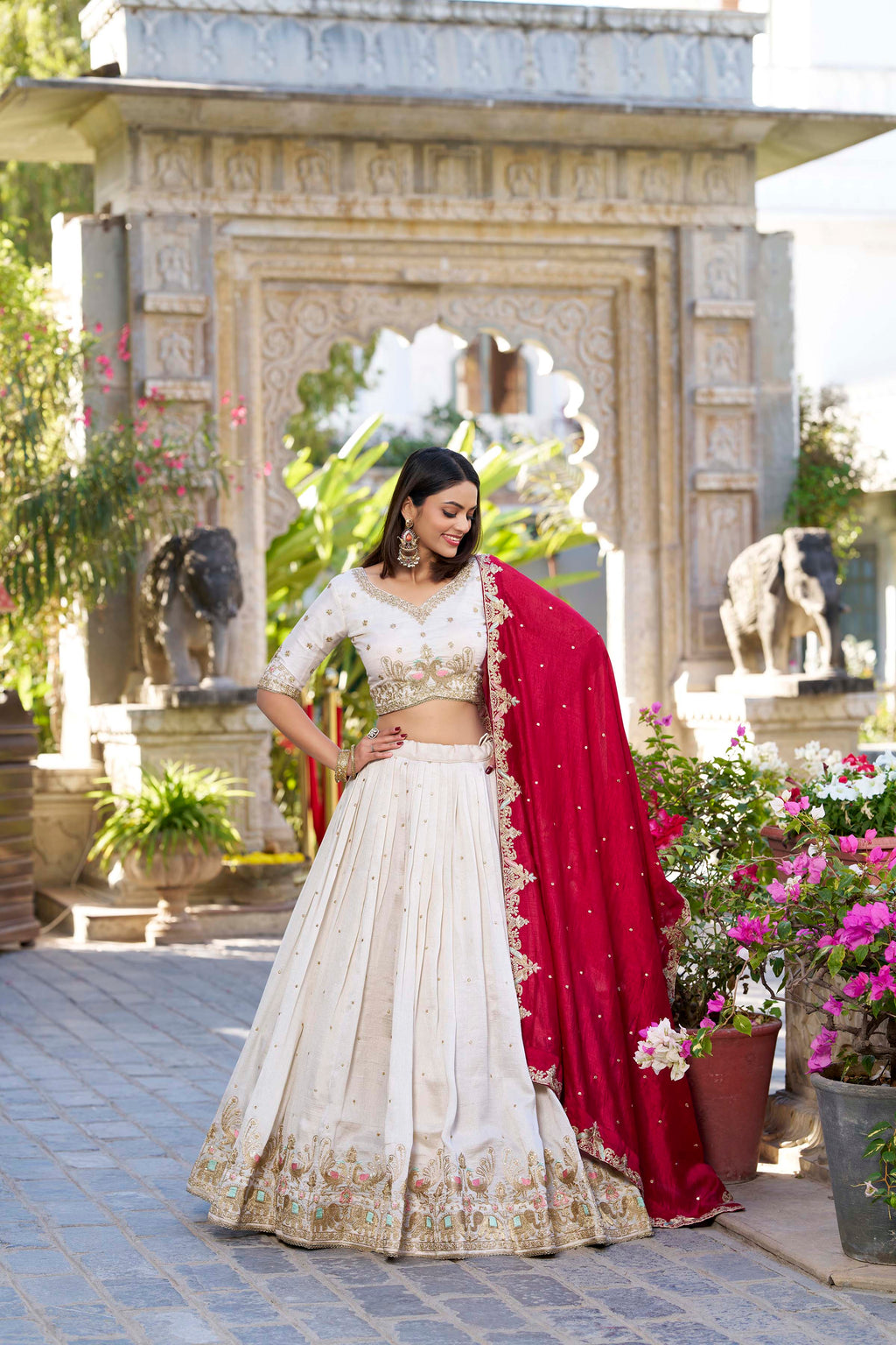 Lorenvalley OffWhite Vichitra Silk Sequins and Thread Embroidery Work Lehenga Choli