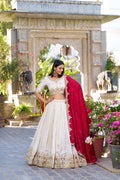 Lorenvalley OffWhite Vichitra Silk Sequins and Thread Embroidery Work Lehenga Choli