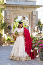 Lorenvalley OffWhite Vichitra Silk Sequins and Thread Embroidery Work Lehenga Choli