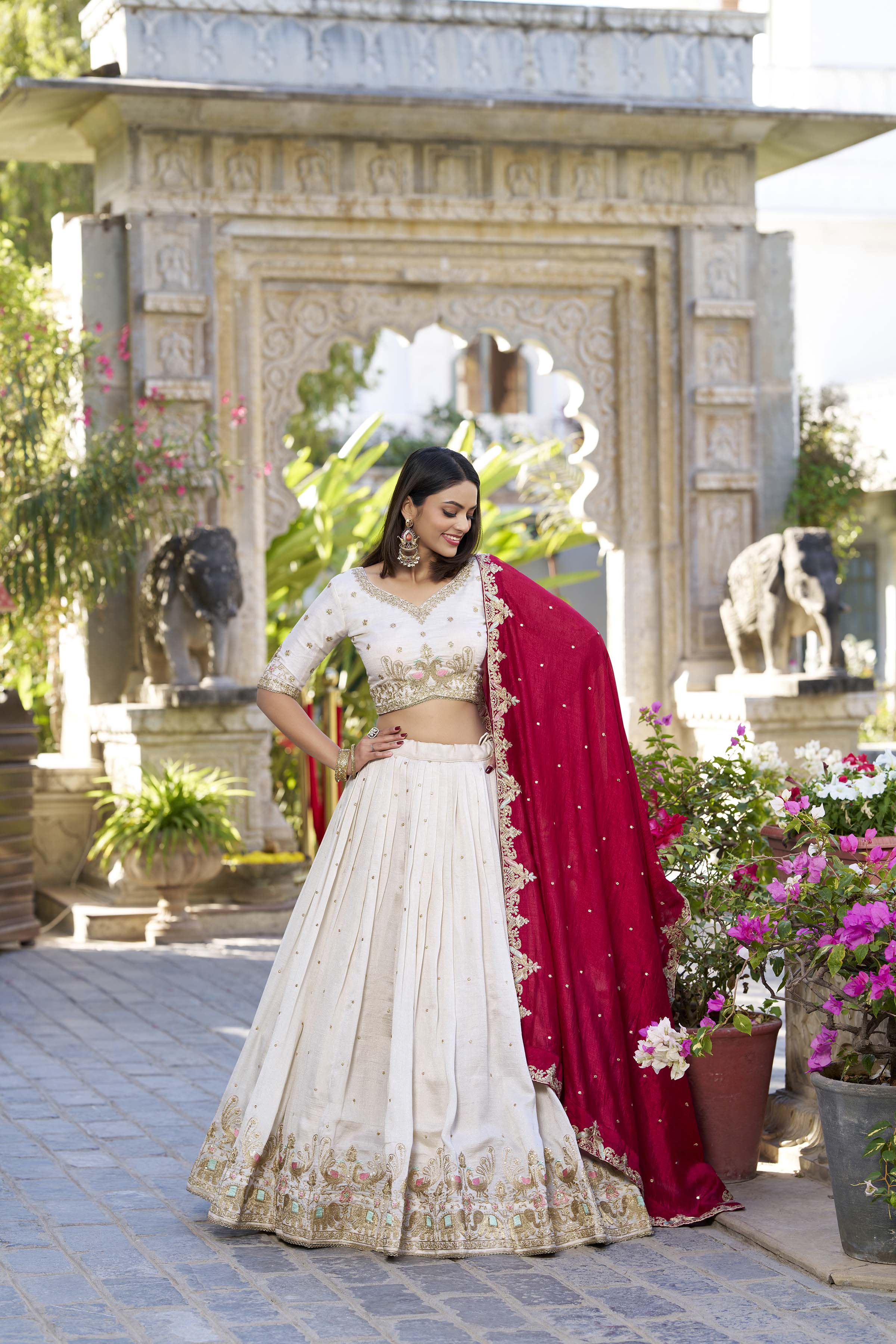 Lorenvalley OffWhite Vichitra Silk Sequins and Thread Embroidery Work Lehenga Choli