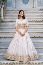 Lorenvalley OffWhite Vichitra Silk Sequins and Thread Embroidery Work Lehenga Choli