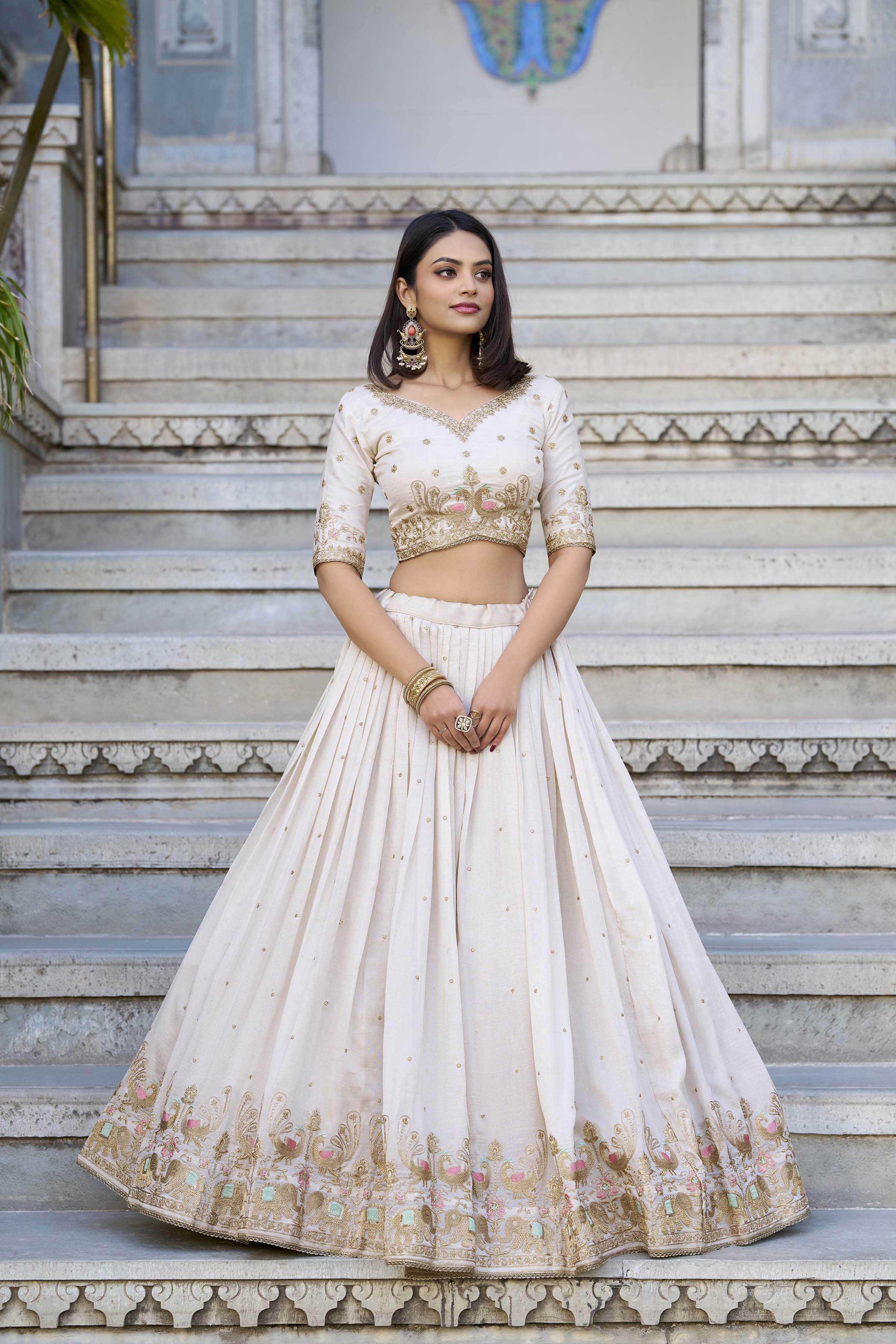 Lorenvalley OffWhite Vichitra Silk Sequins and Thread Embroidery Work Lehenga Choli