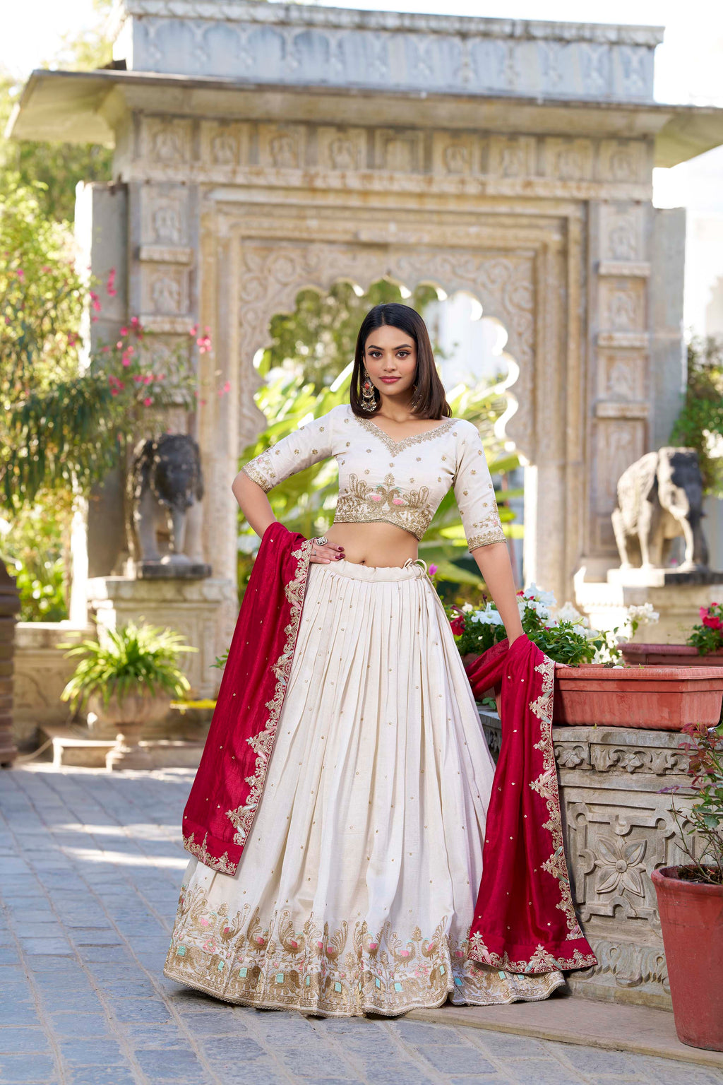 Lorenvalley OffWhite Vichitra Silk Sequins and Thread Embroidery Work Lehenga Choli