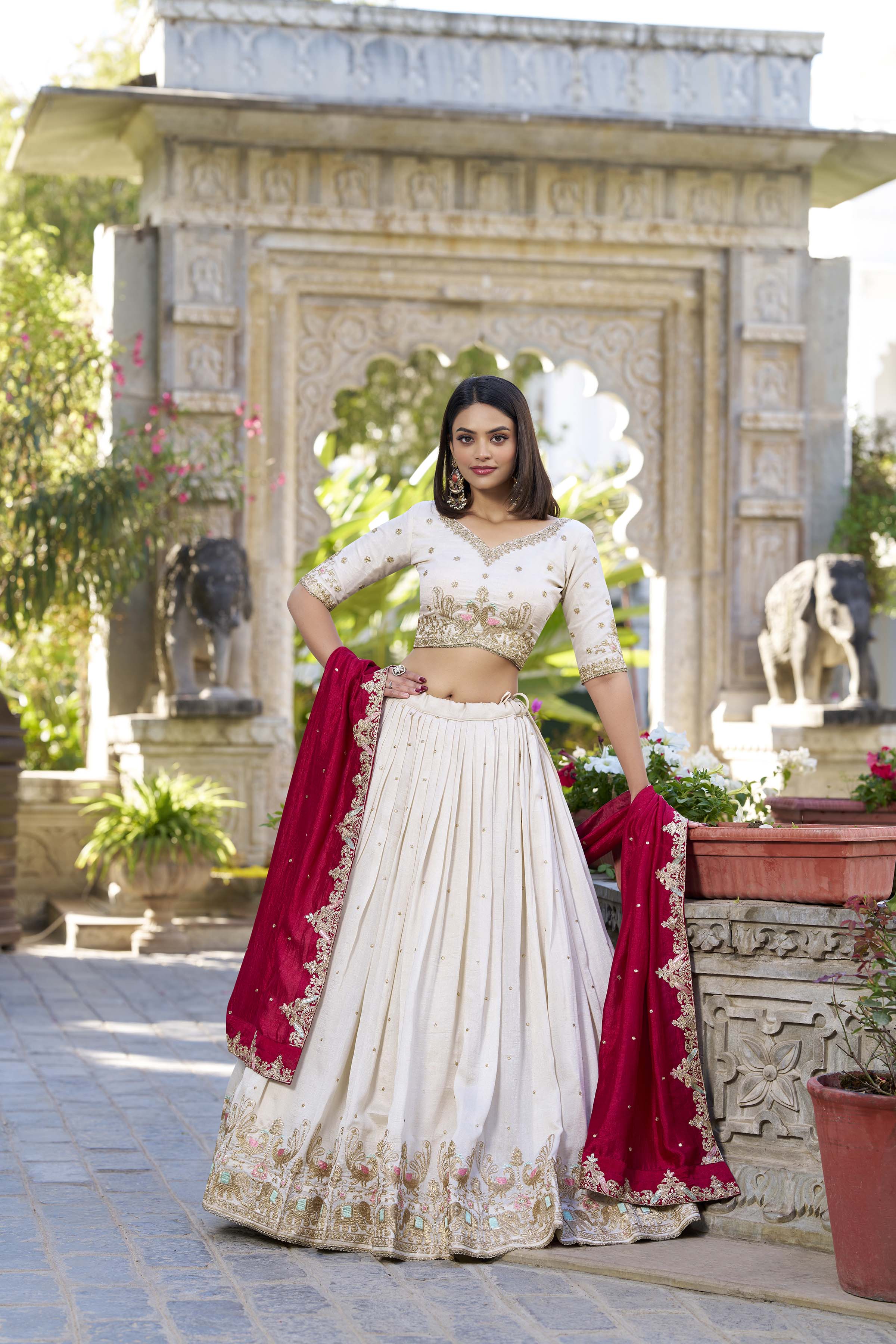 Lorenvalley OffWhite Vichitra Silk Sequins and Thread Embroidery Work Lehenga Choli