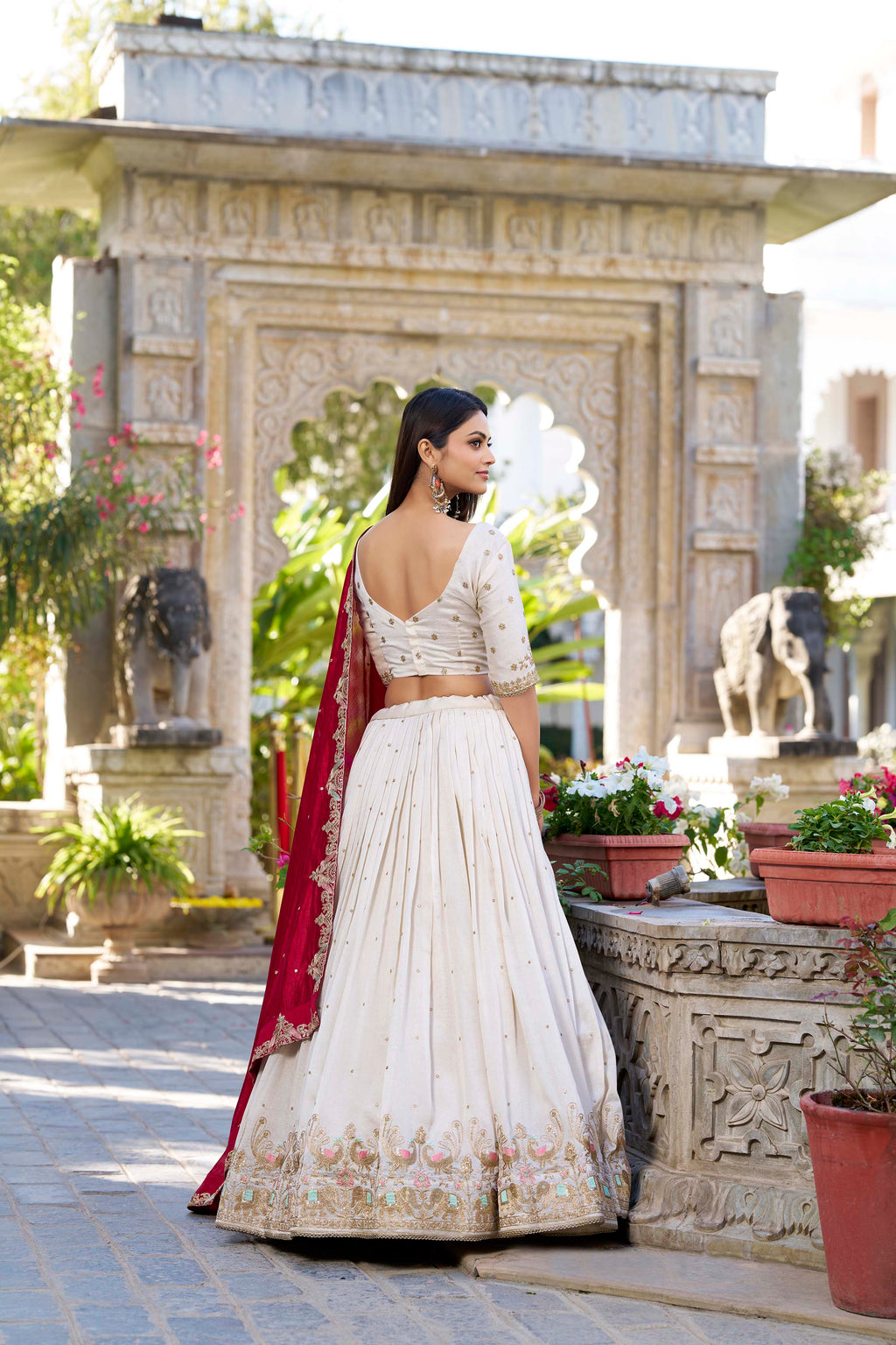 Lorenvalley OffWhite Vichitra Silk Sequins and Thread Embroidery Work Lehenga Choli